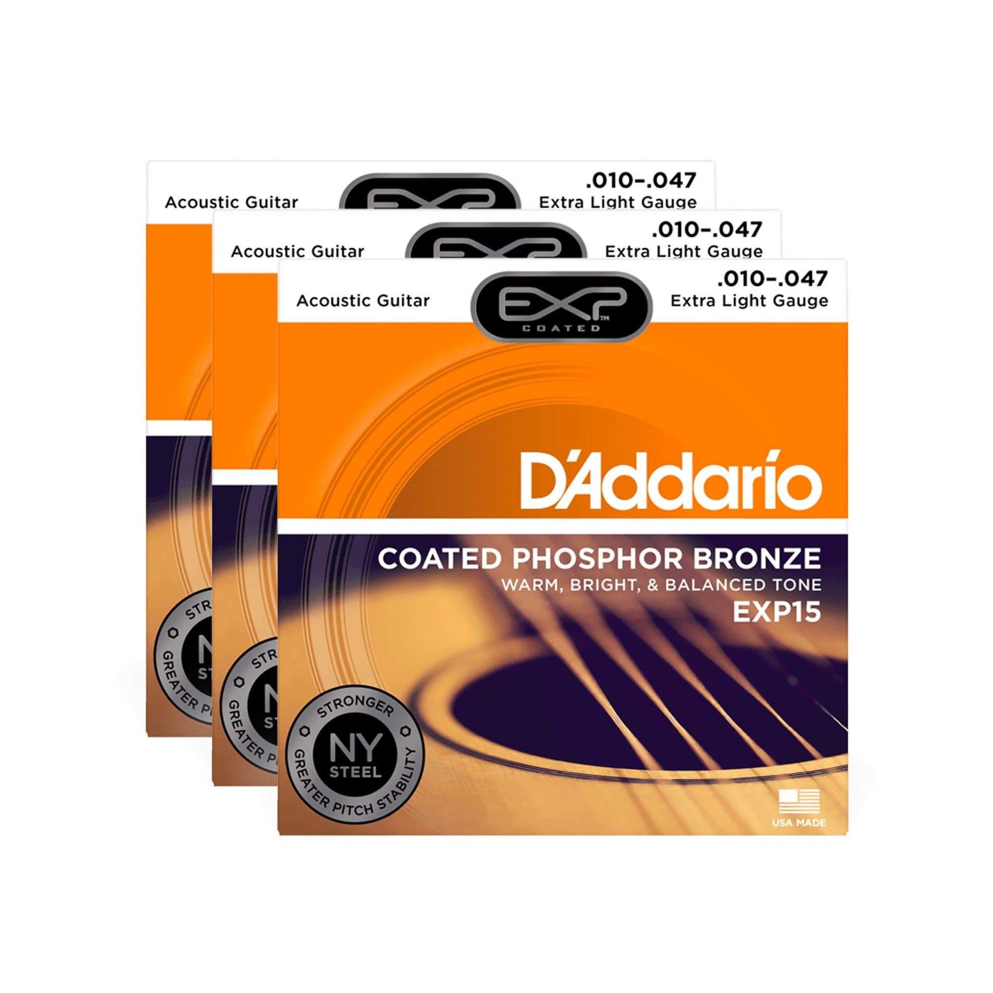 D'Addario EXP15 Coated Acoustic Phosphor Bronze Extra Light 10-47 3 Pack Bundle Accessories / Strings / Guitar Strings
