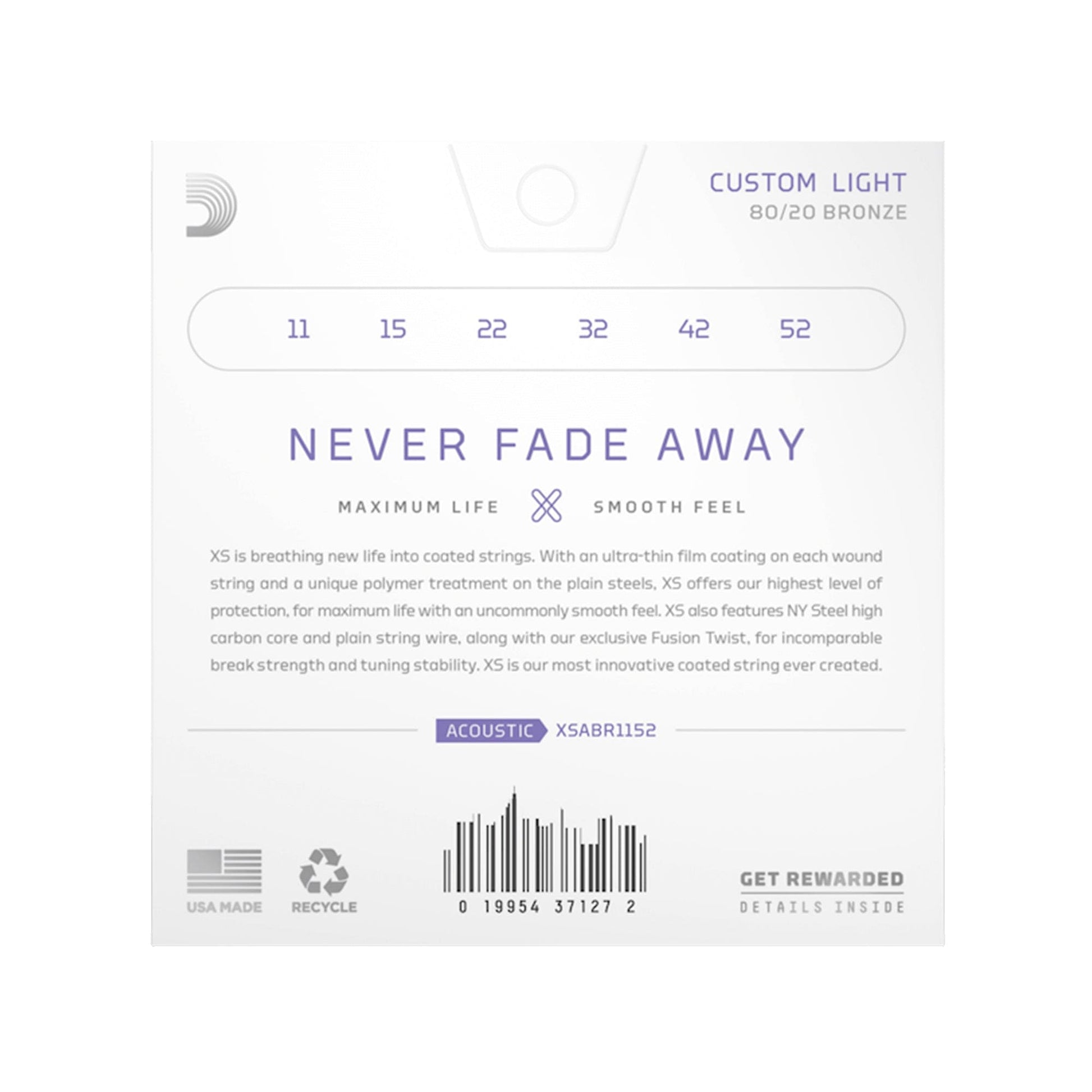 D'Addario XS Coated Acoustic 80/20 Bronze Custom Light 11-52 Accessories / Strings / Guitar Strings