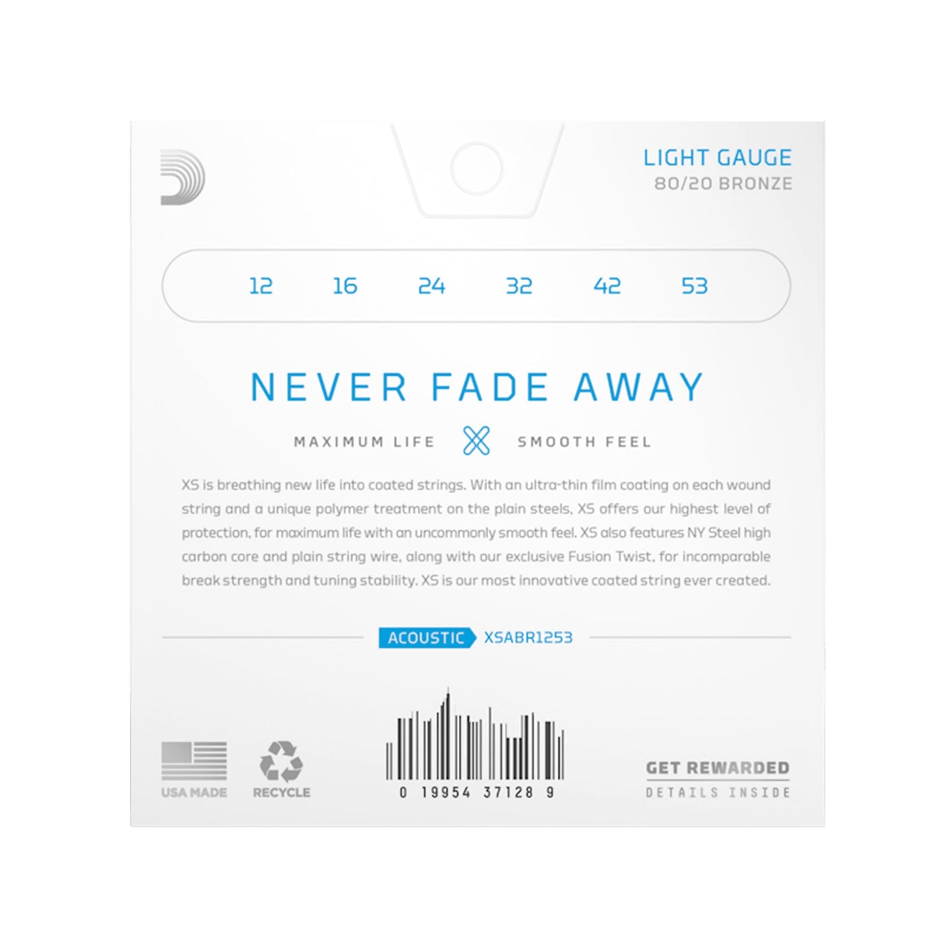 D'Addario XS Coated Acoustic 80/20 Bronze Light 12-53 Accessories / Strings / Guitar Strings