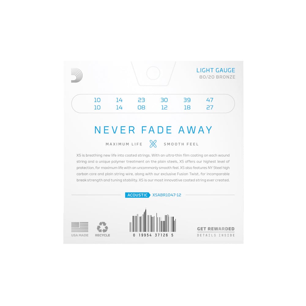 D'Addario XS Coated Acoustic 80/20 Bronze Light 12-String 10-47 Accessories / Strings / Guitar Strings