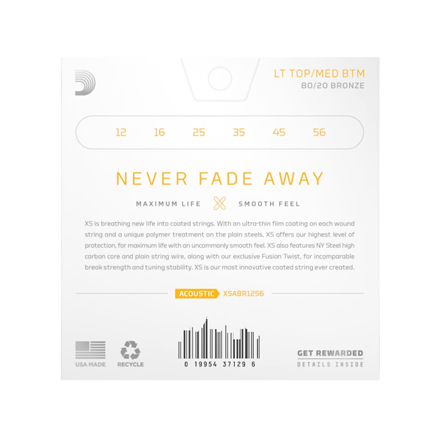 D'Addario XS Coated Acoustic 80/20 Bronze Light Top/Medium Bottom 12-56 Accessories / Strings / Guitar Strings