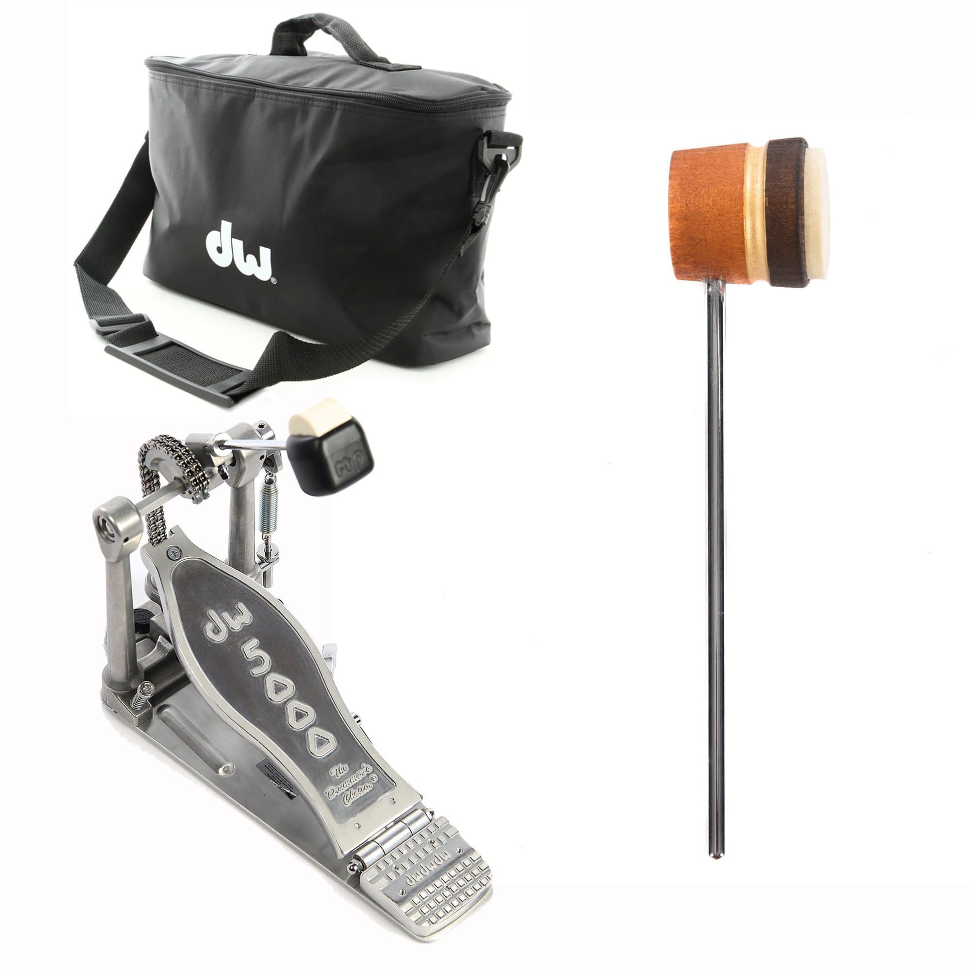 DW 5000 Modern Retro Accelerator Single Bass Drum Pedal Bundle w/Bag & Low Boy Lightweight Felt Amber/Med Brown Beater w/Gold Stripe & CDE Logo
