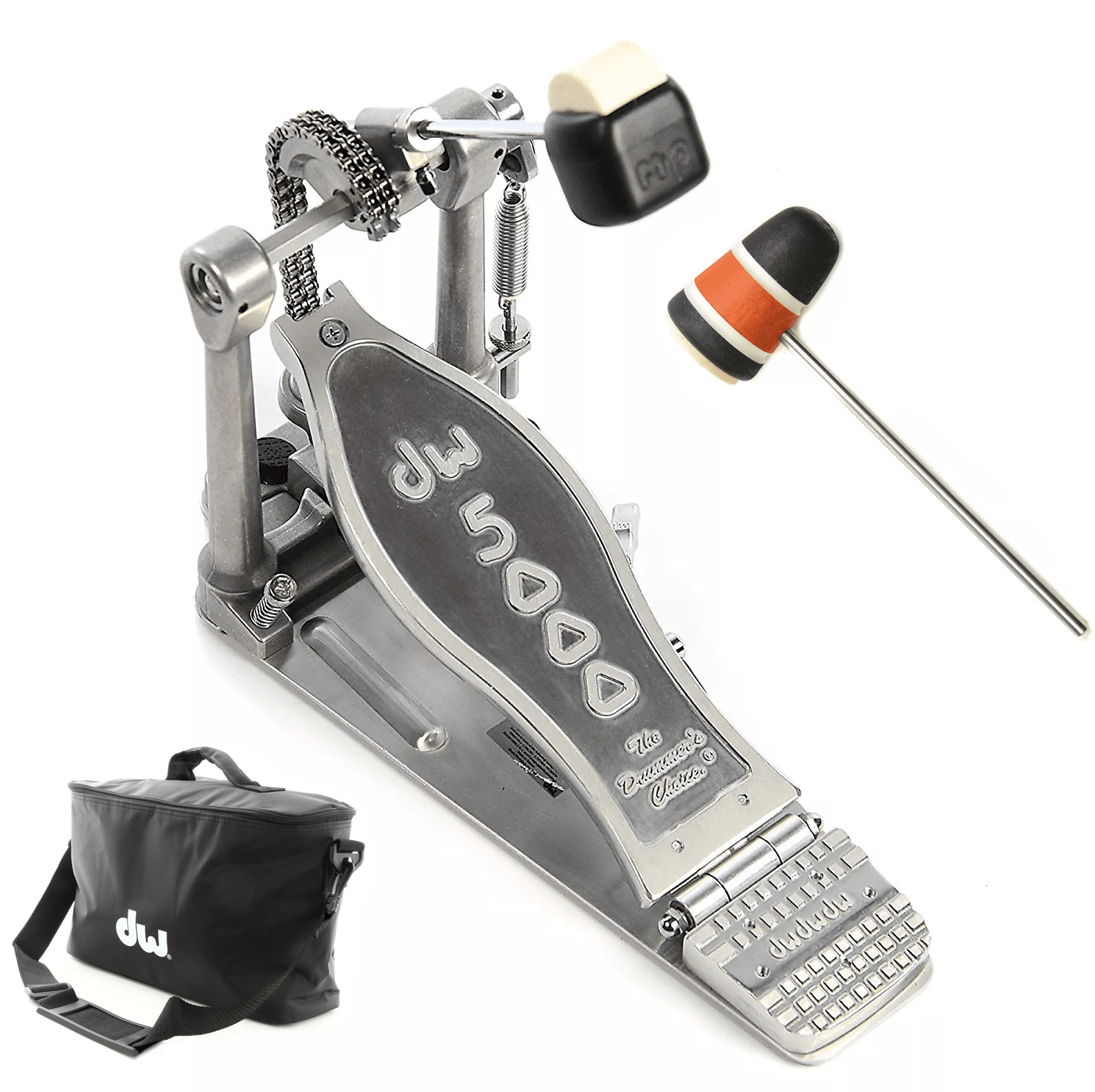DW 5000 Modern Retro Turbo Single Bass Drum Pedal Bundle w/Bag & Low Boy Felt Daddy Black/Orange/Black/White Stripes CDE Logo Beater Bundle Drums and Percussion / Parts and Accessories / Pedals