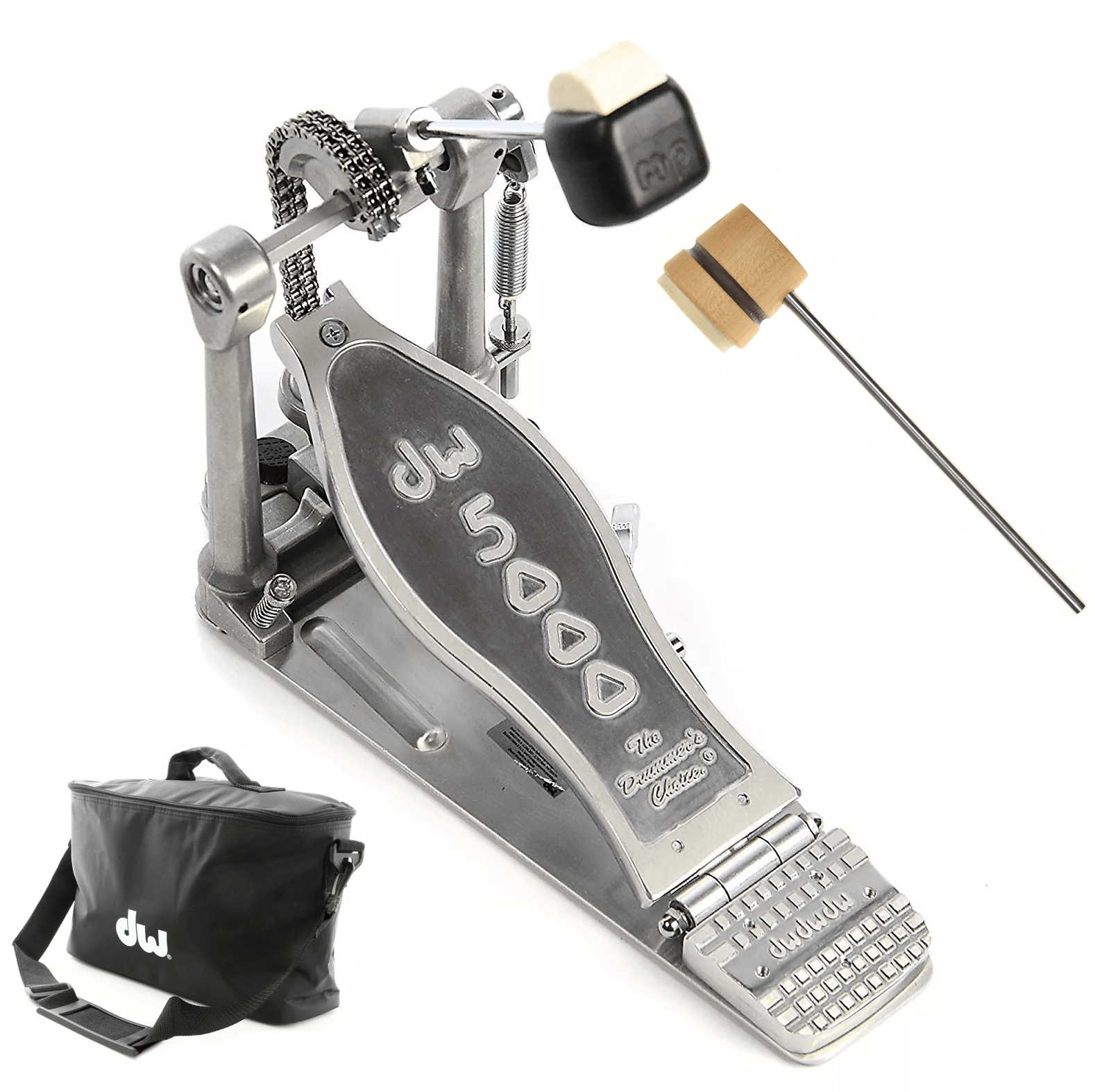 DW 5000 Modern Retro Turbo Single Bass Drum Pedal Bundle w/Bag & Low Boy Lightweight Felt Daddy Natural/Brown Stripe CDE Logo Beater Drums and Percussion / Parts and Accessories / Pedals