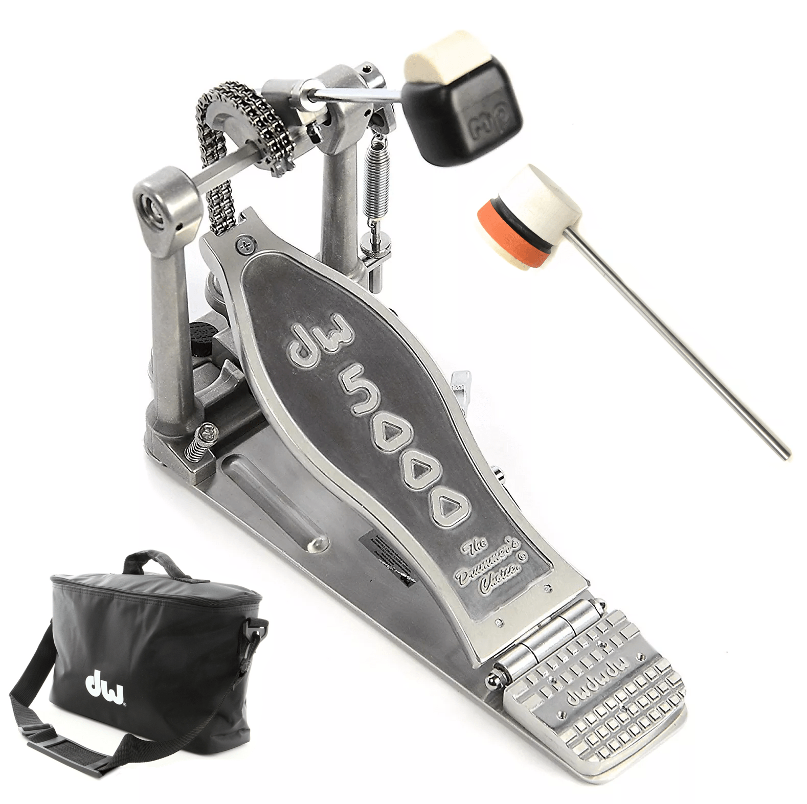 DW 5000 Modern Retro Turbo Single Bass Drum Pedal Bundle w/Bag & Low Boy Lightweight Felt Daddy White/Orange/Black Stripe CDE Logo Beater Drums and Percussion / Parts and Accessories / Pedals