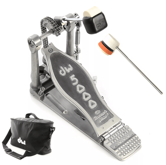 DW 5000 Modern Retro Turbo Single Bass Drum Pedal Bundle w/Bag & Low Boy Lightweight Felt Daddy White/Orange/Black Stripe CDE Logo Beater Drums and Percussion / Parts and Accessories / Pedals