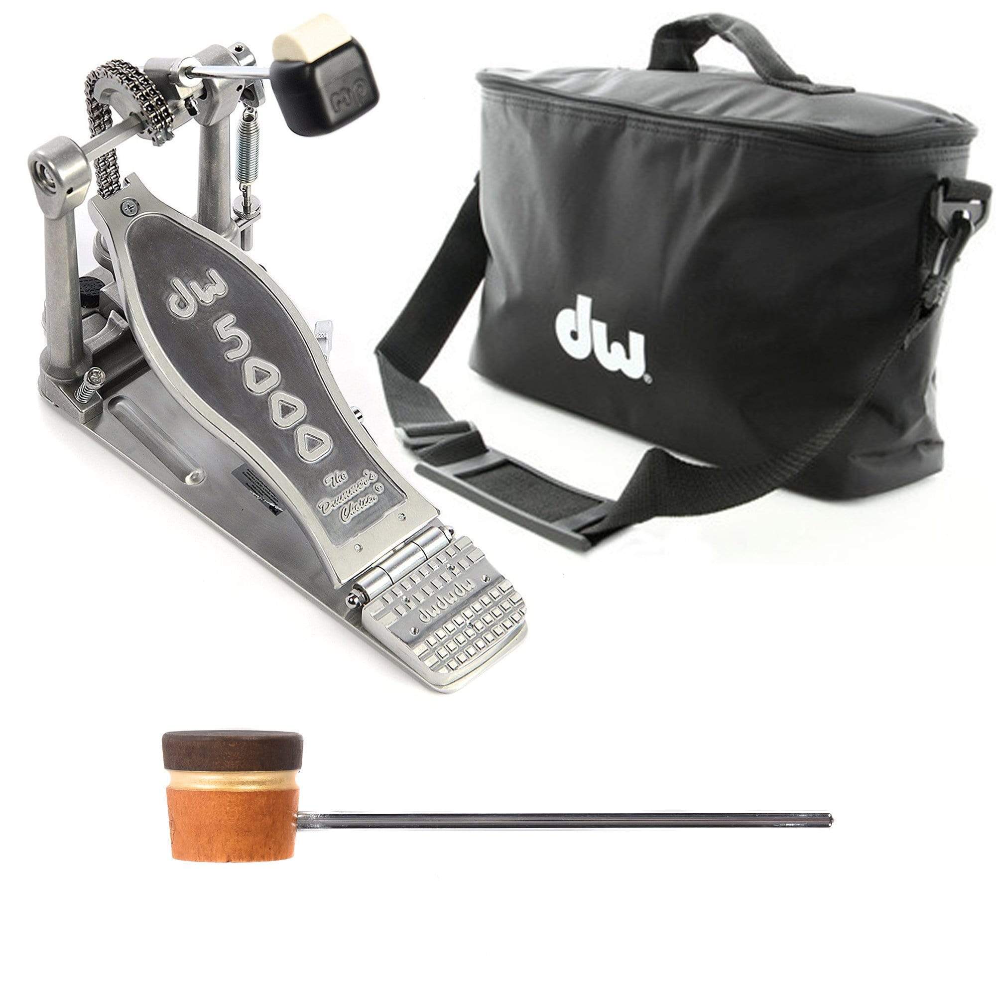 DW 5000 Modern Retro Turbo Single Bass Drum Pedal Bundle w/Bag & Low Boy Lightweight Wood Amber/Brown/Gold Stripe CDE Logo Beater Drums and Percussion / Parts and Accessories / Pedals