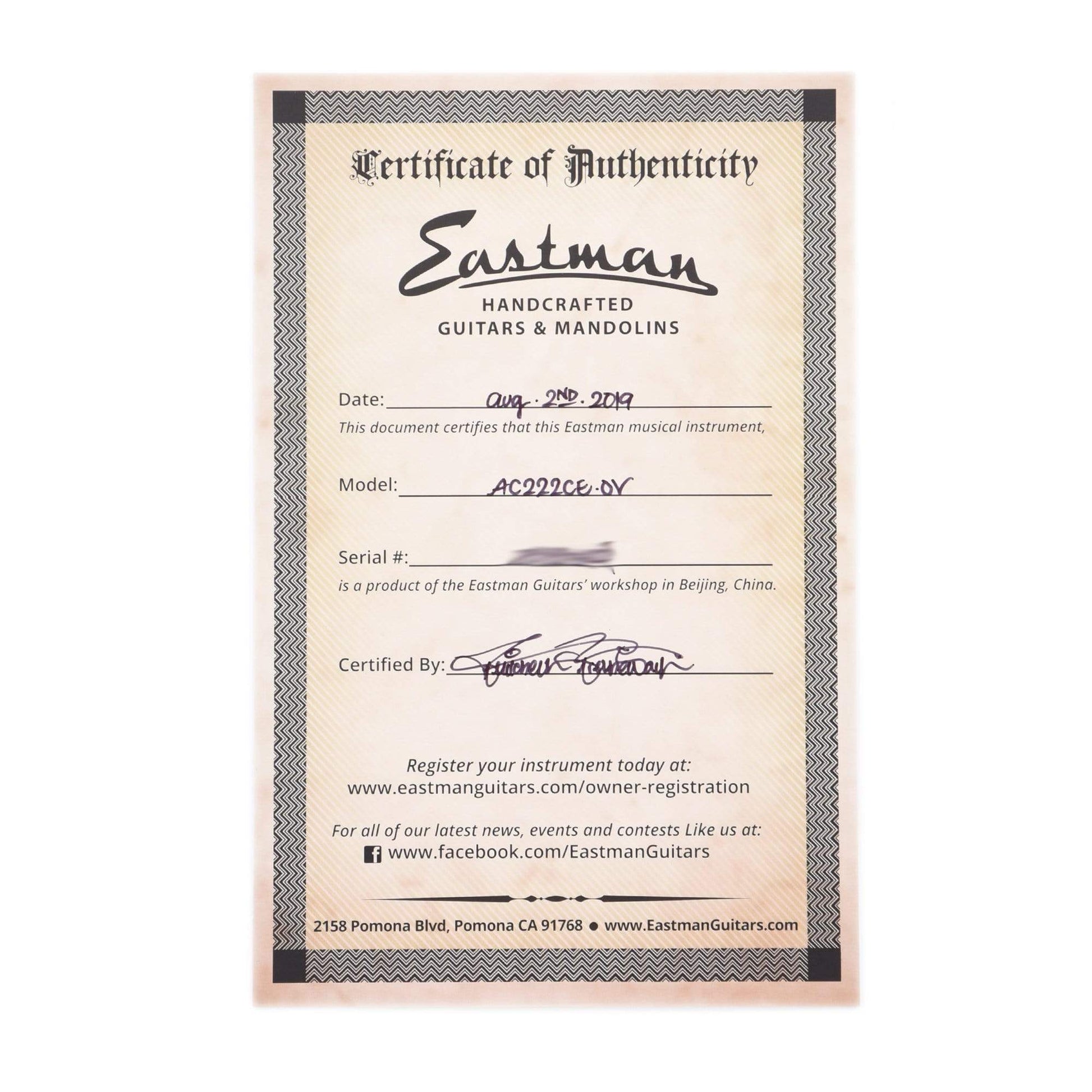 Eastman AC Series AC222CE Sitka/Ovangkol Grand Auditorium Cutaway Natural w/Fishman Sonitone Acoustic Guitars / OM and Auditorium