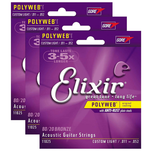 Elixir 11025 Acoustic 80/20 Poly Custom Light 11-52 (3 Pack Bundle) Accessories / Strings / Guitar Strings