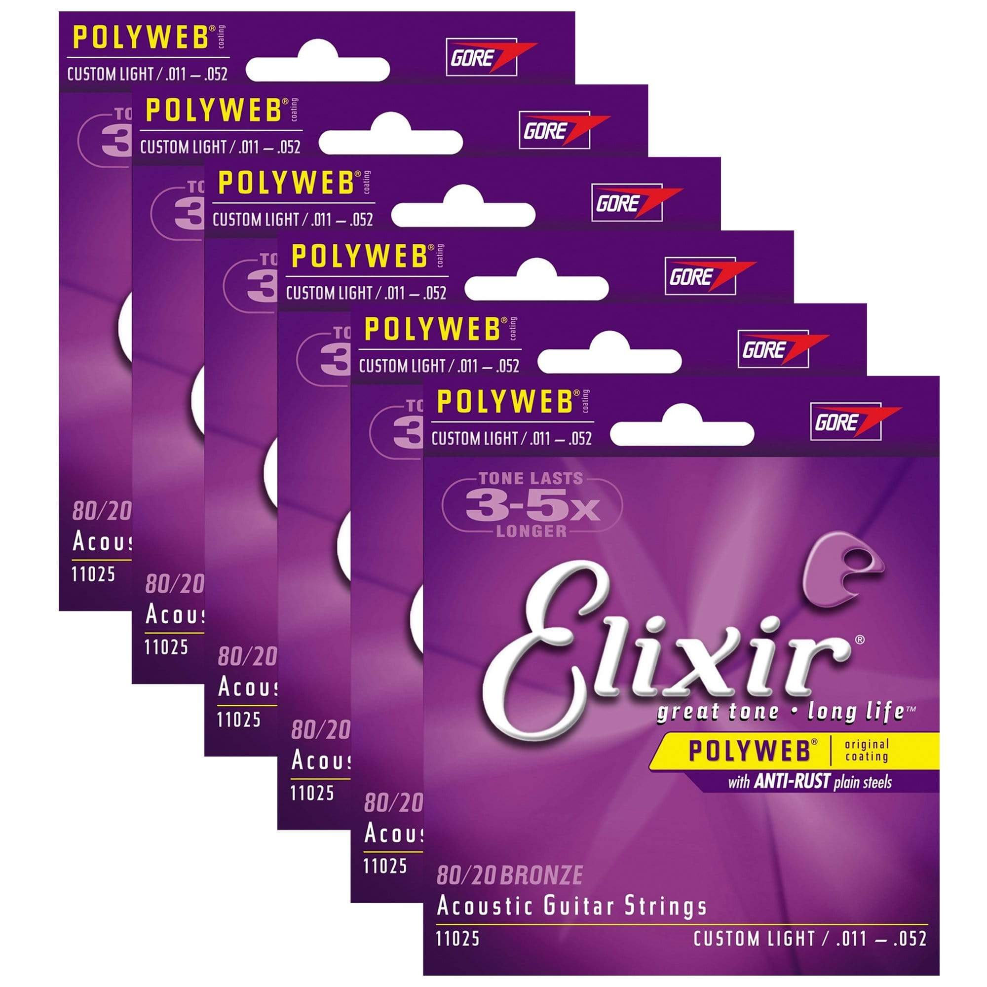 Elixir Custom Light Elixir 11025 Acoustic 80/20 Poly Custom Light 11-52 (6 Pack Bundle ...
