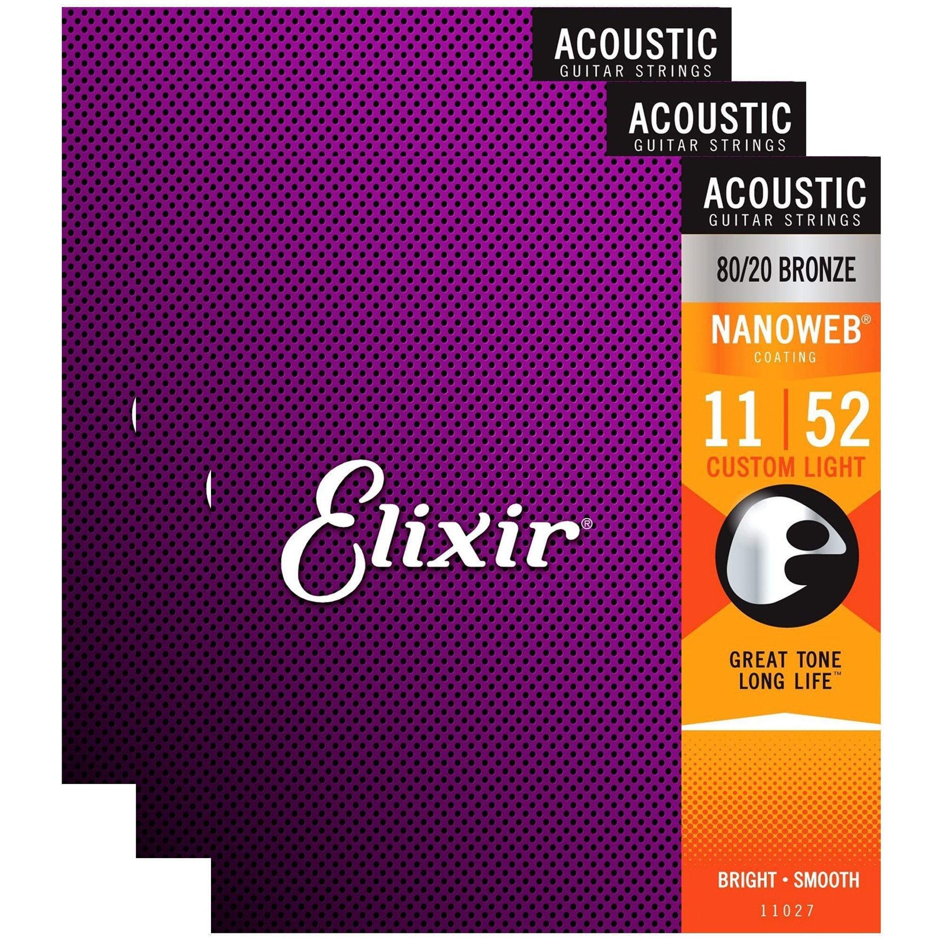 Elixir 11027 Acoustic 80/20 Nano Custom Light 11-52 (3 Pack Bundle) Accessories / Strings / Guitar Strings