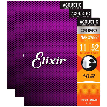 Elixir 11027 Acoustic 80/20 Nano Custom Light 11-52 (3 Pack Bundle) Accessories / Strings / Guitar Strings