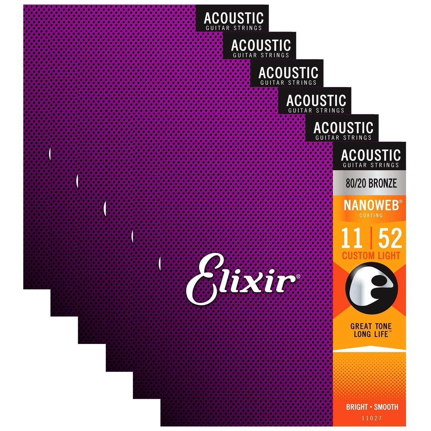 Elixir 11027 Acoustic 80/20 Nano Custom Light 11-52 (6 Pack Bundle) Accessories / Strings / Guitar Strings