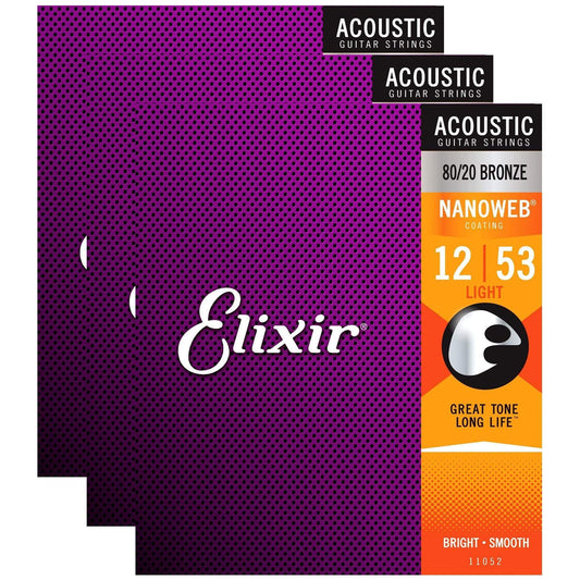 Elixir 11052 Acoustic 80/20 Nano Light 12-53 (3 Pack Bundle) Accessories / Strings / Guitar Strings