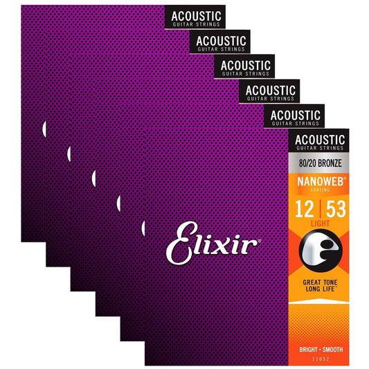 Elixir 11052 Acoustic 80/20 Nano Light 12-53 (6 Pack Bundle) Accessories / Strings / Guitar Strings
