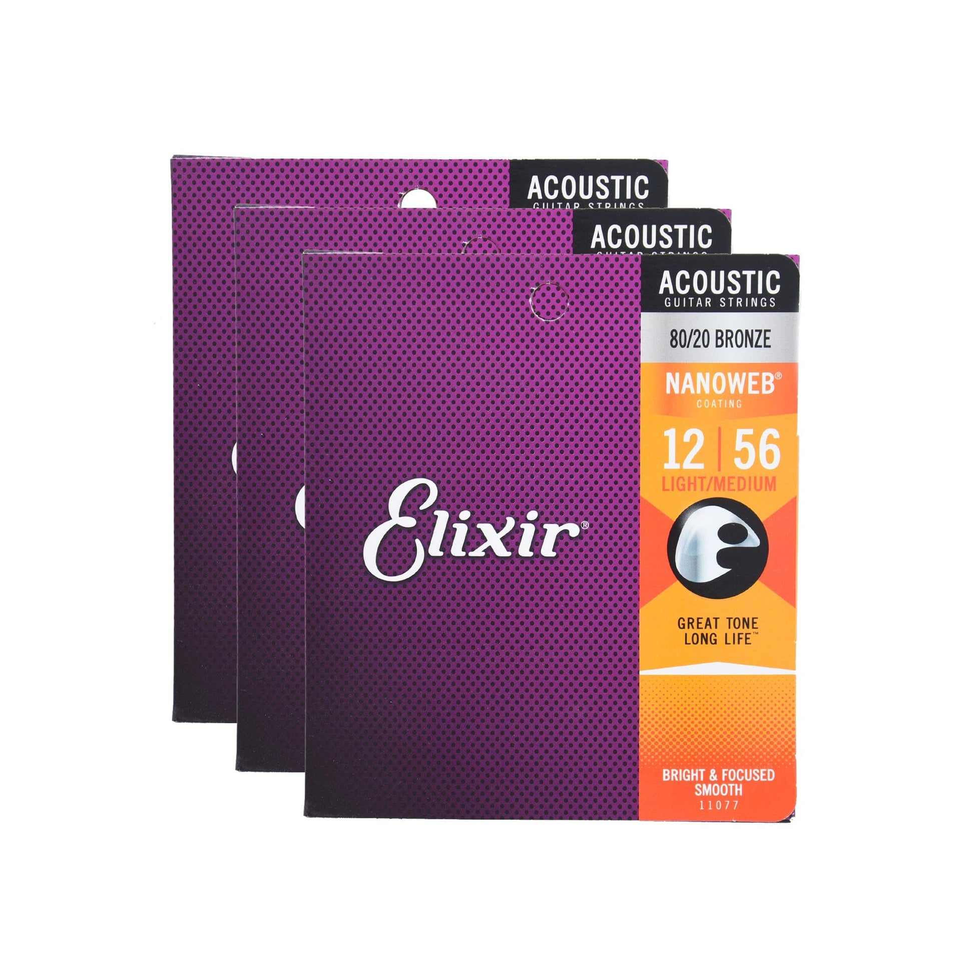 Elixir 11077 Acoustic 80/20 Bronze Nanoweb Light-Medium 12-56 3 Pack Bundle Accessories / Strings / Guitar Strings