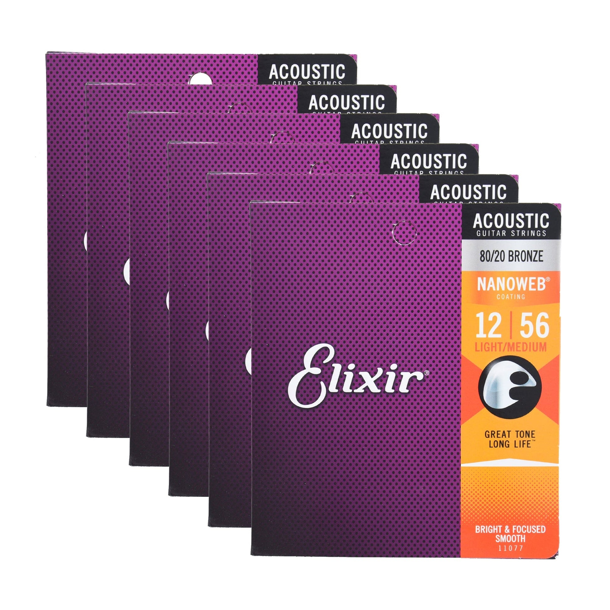 Elixir 11077 Acoustic 80/20 Bronze Nanoweb Light-Medium 12-56 6 Pack Bundle Accessories / Strings / Guitar Strings