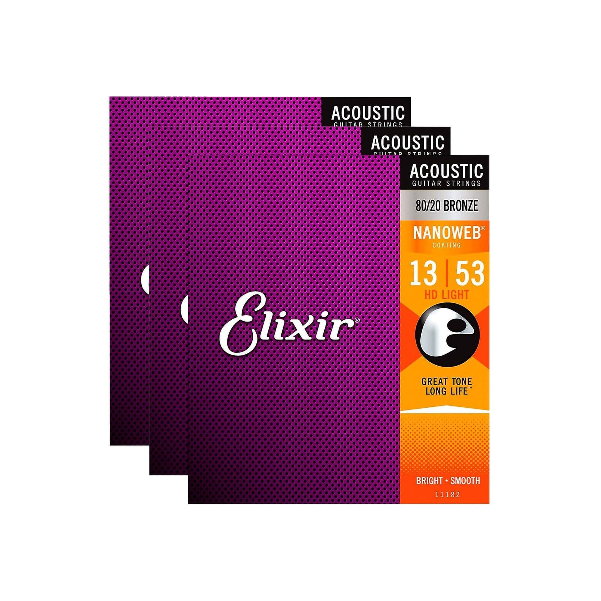 Elixir 11182 Acoustic Nanoweb 80/20 Bronze HD Light 13-53 3 Pack Bundle Accessories / Strings / Guitar Strings