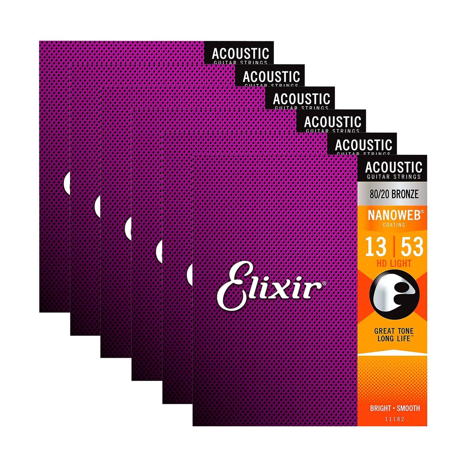 Elixir 11182 Acoustic Nanoweb 80/20 Bronze HD Light 13-53 6 Pack Bundle Accessories / Strings / Guitar Strings