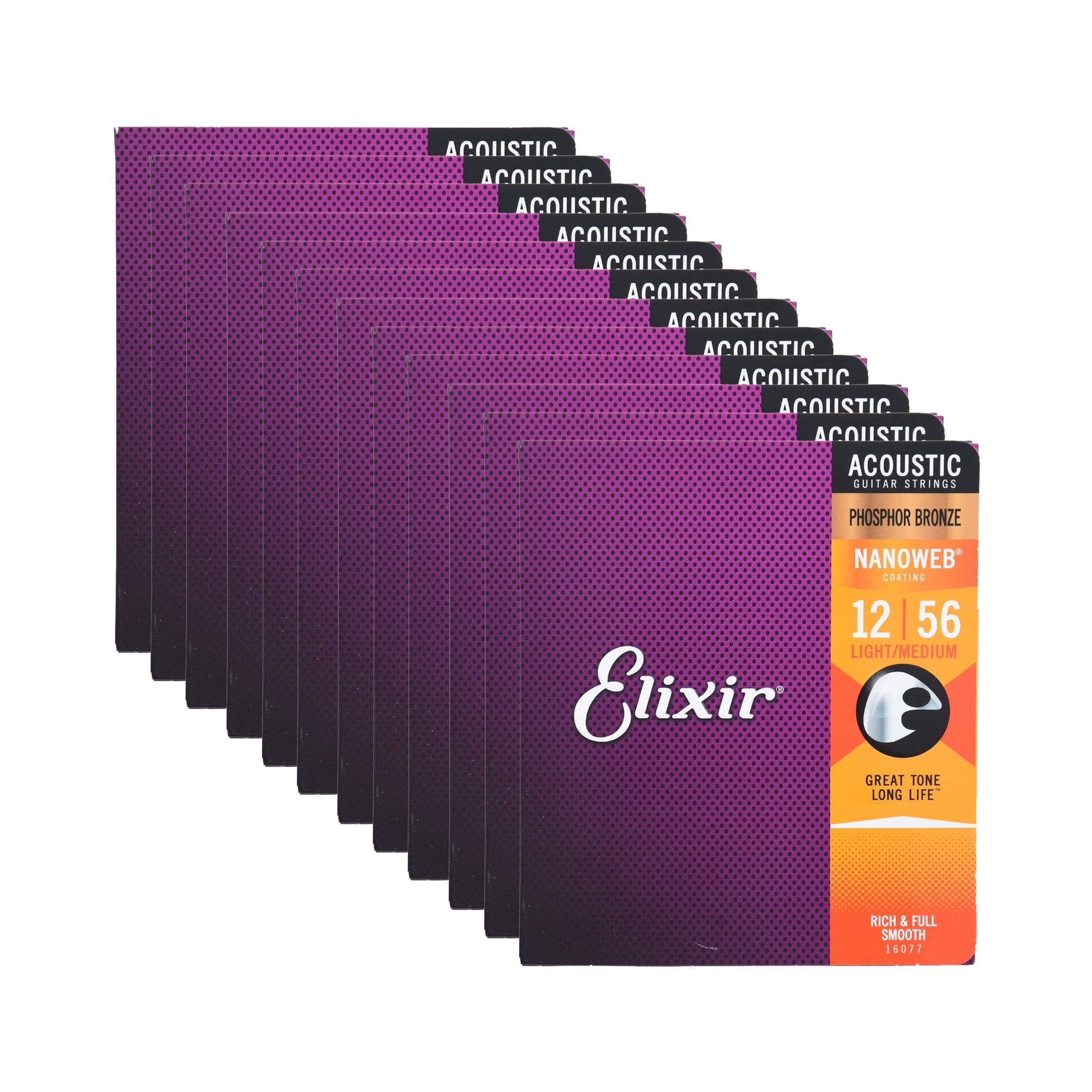 Elixir 16077 Acoustic Phospher Bronze Nanoweb Light-Medium 12-56 12 Pack Bundle Accessories / Strings / Guitar Strings