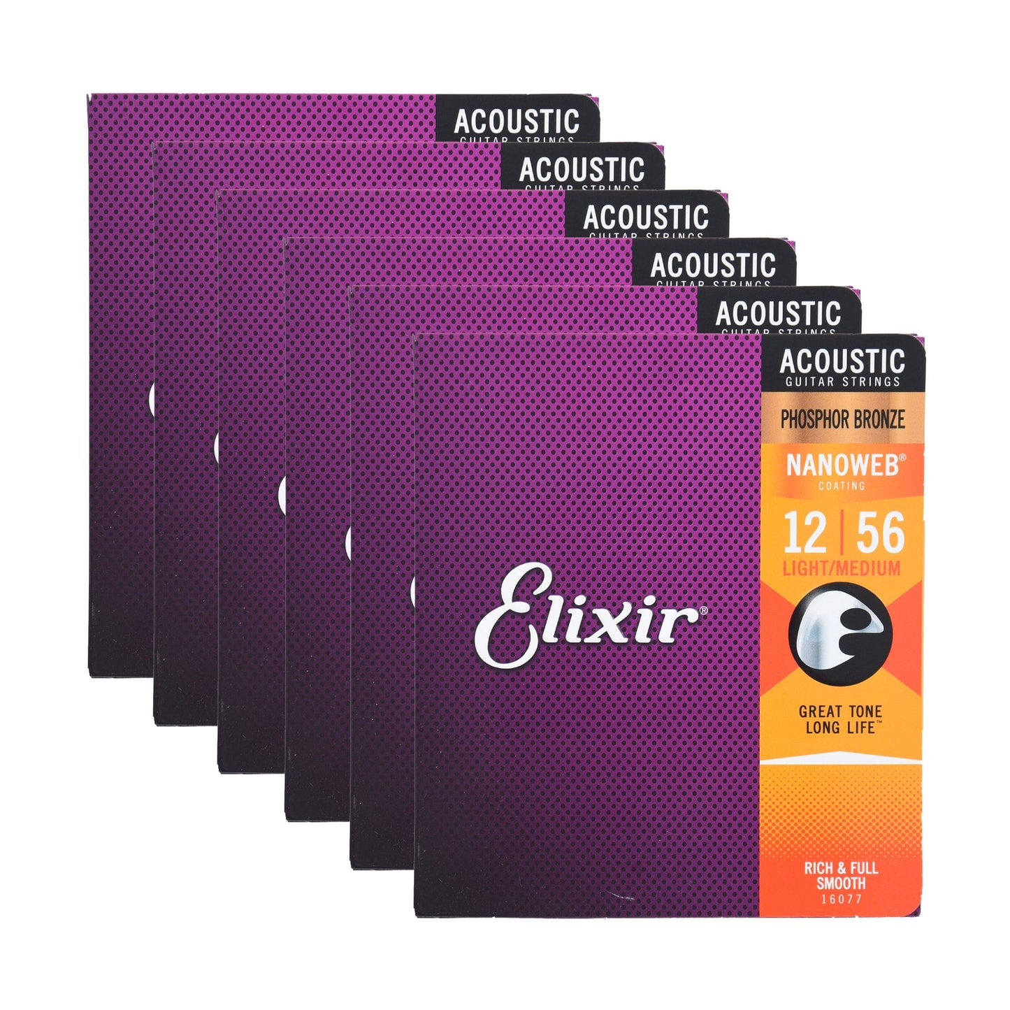 Elixir 16077 Acoustic Phospher Bronze Nanoweb Light-Medium 12-56 6 Pack Bundle Accessories / Strings / Guitar Strings