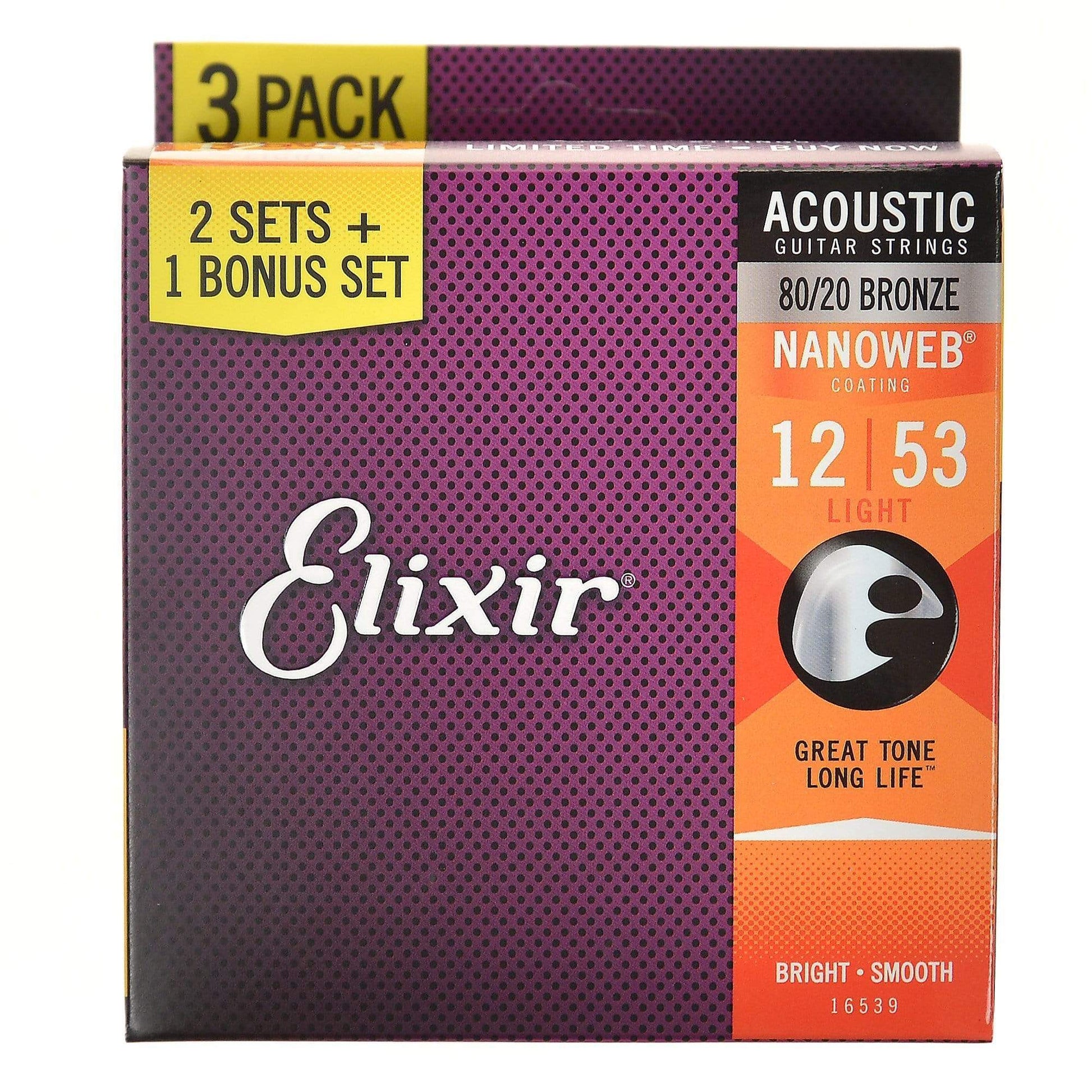 Elixir 16539 Acoustic 80/20 Bronze Nanoweb Guitar Strings Light 12-53 3-Pack Accessories / Strings / Guitar Strings
