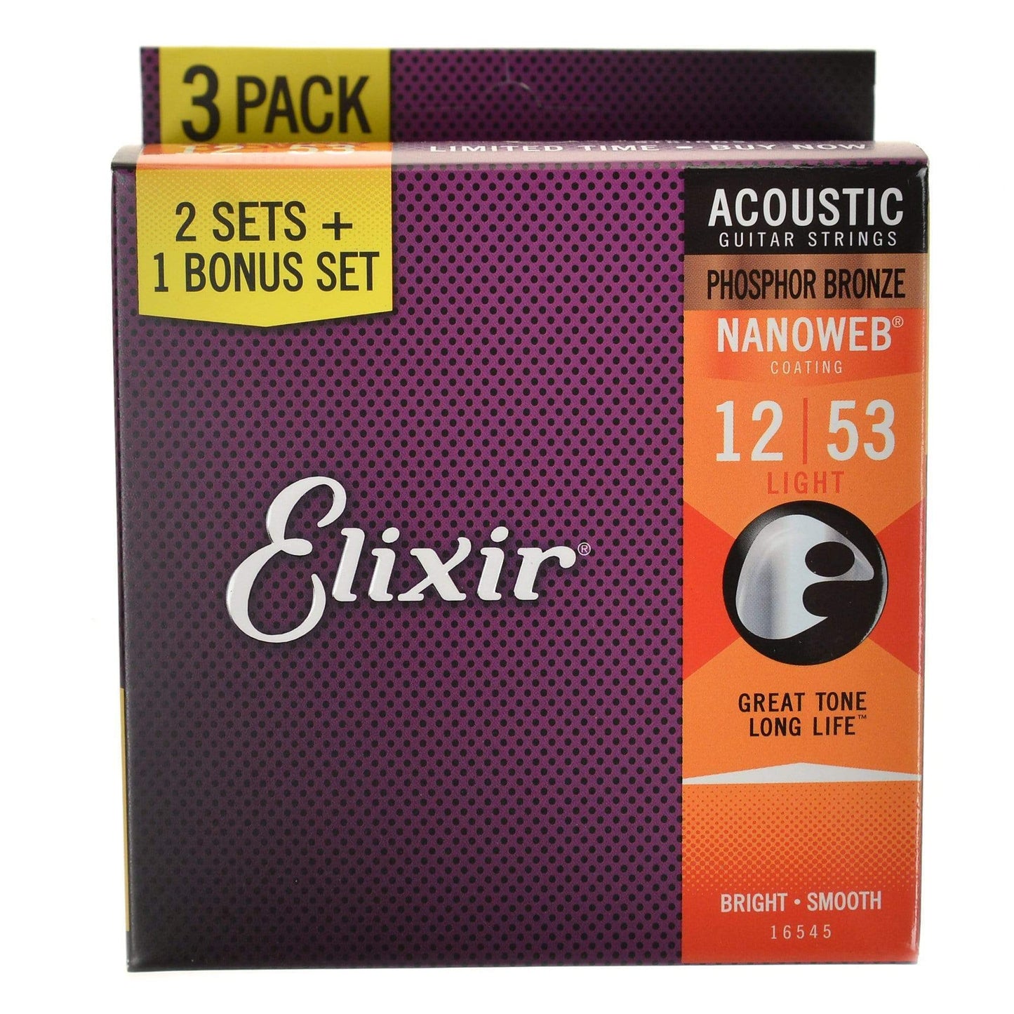 Elixir 16545 Acoustic Phosphor Bronze Nanoweb Guitar Strings Light 12-53 3-Pack Accessories / Strings / Guitar Strings