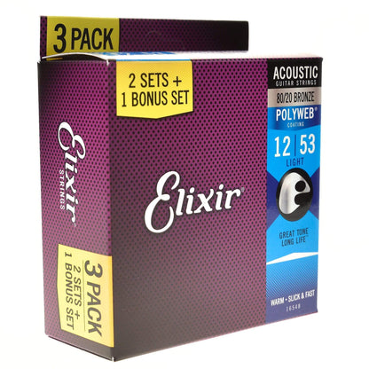 Elixir 16548 Acoustic 80/20 Bronze Polyweb Guitar Strings Light 12-53 3-Pack Accessories / Strings / Guitar Strings
