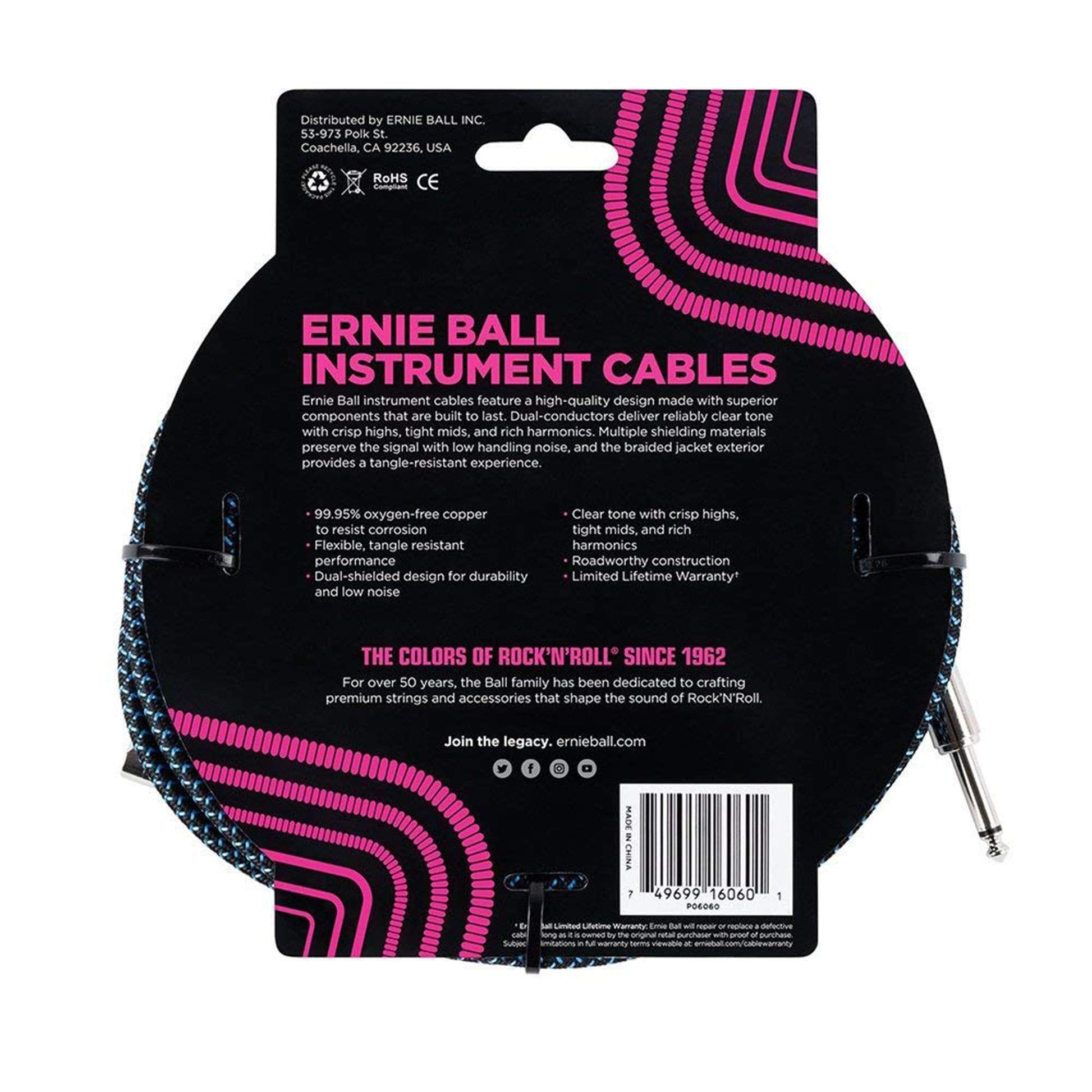 Ernie Ball 25' Straight/Angle Braided Black/Blue Cable Accessories / Cables