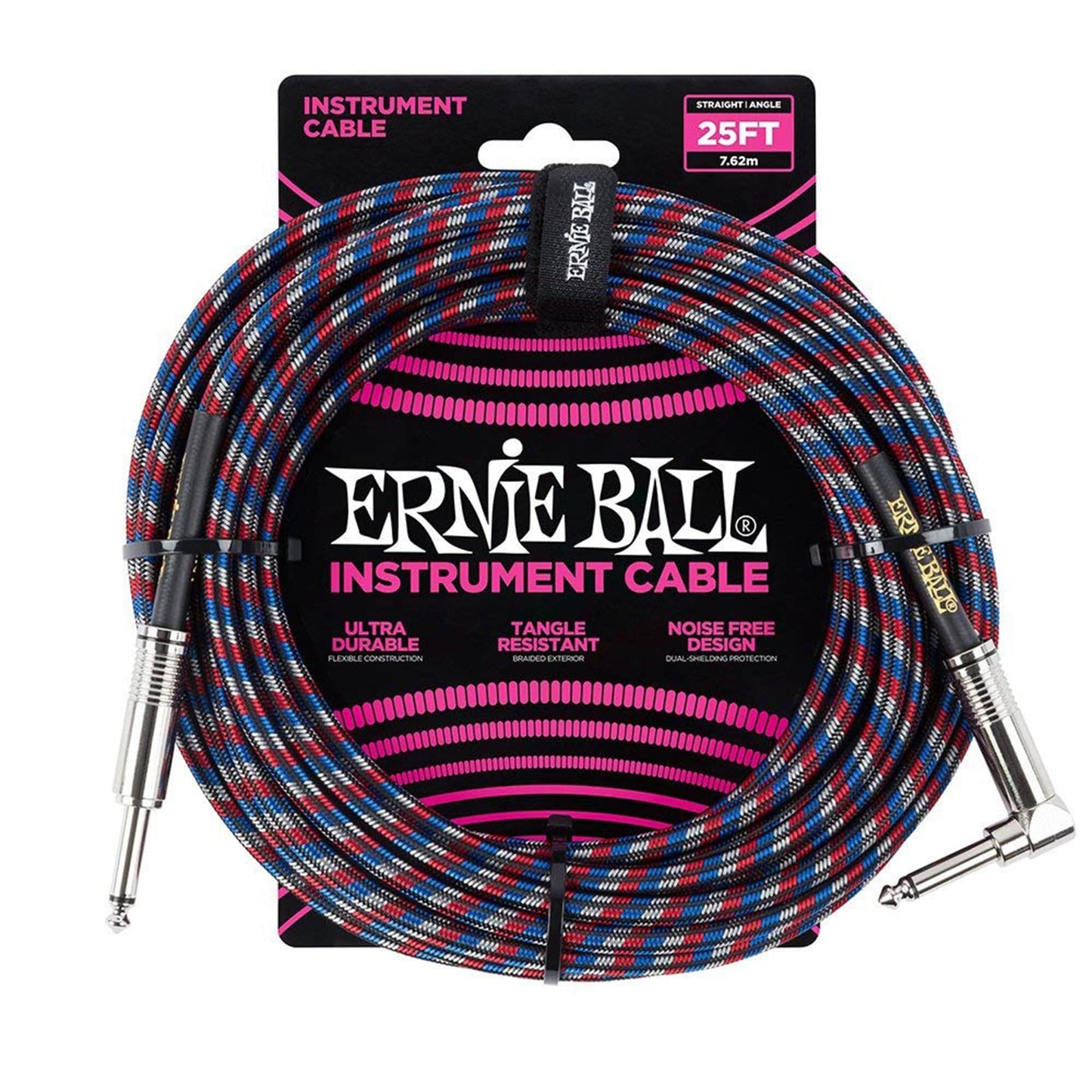 Ernie Ball 25' Straight/Angle Braided Blue/Red/White Cable Accessories / Cables