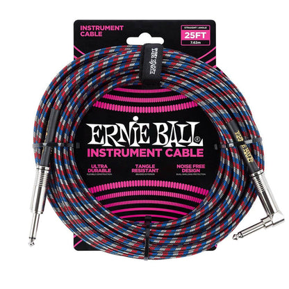Ernie Ball 25' Straight/Angle Braided Blue/Red/White Cable Accessories / Cables
