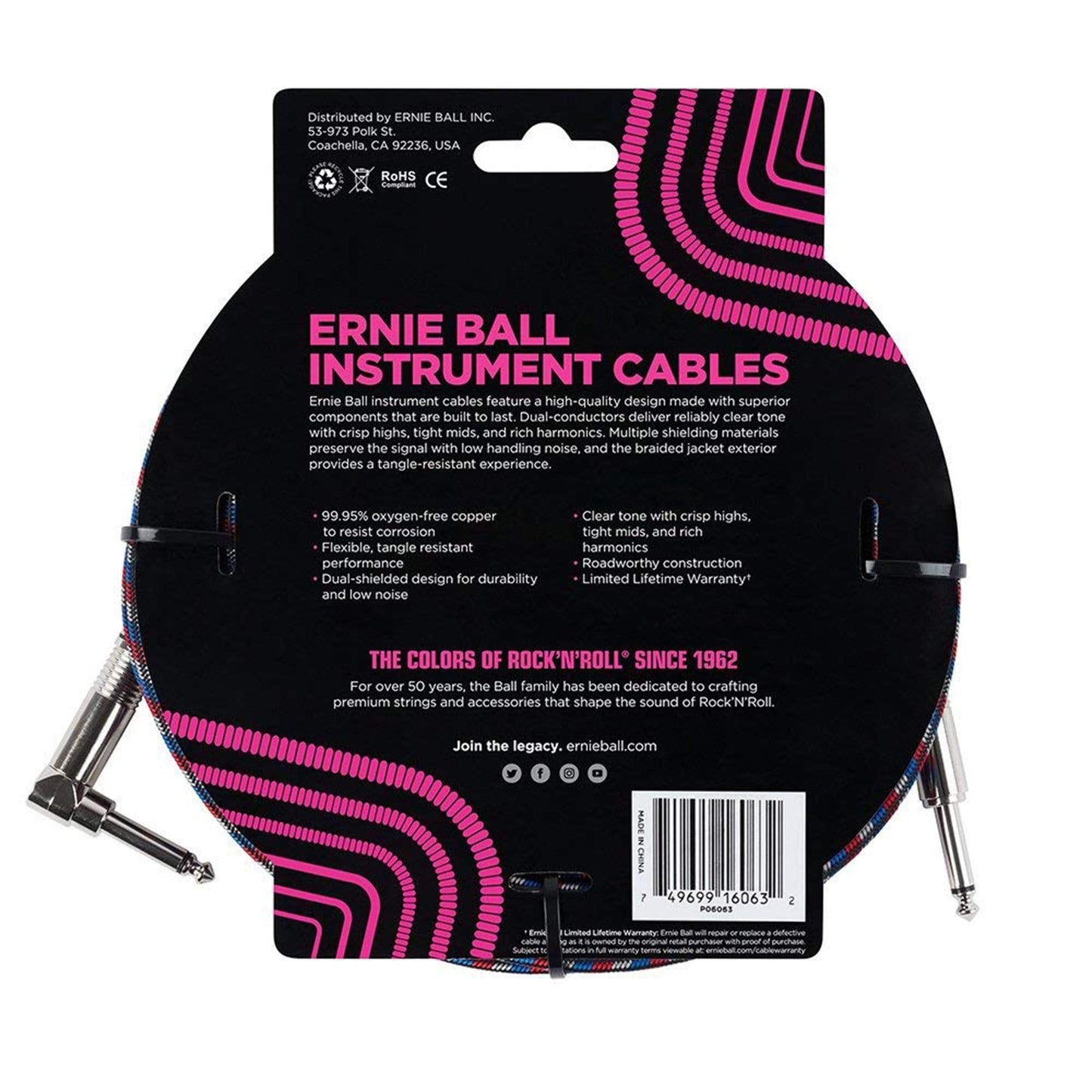 Ernie Ball 25' Straight/Angle Braided Blue/Red/White Cable Accessories / Cables