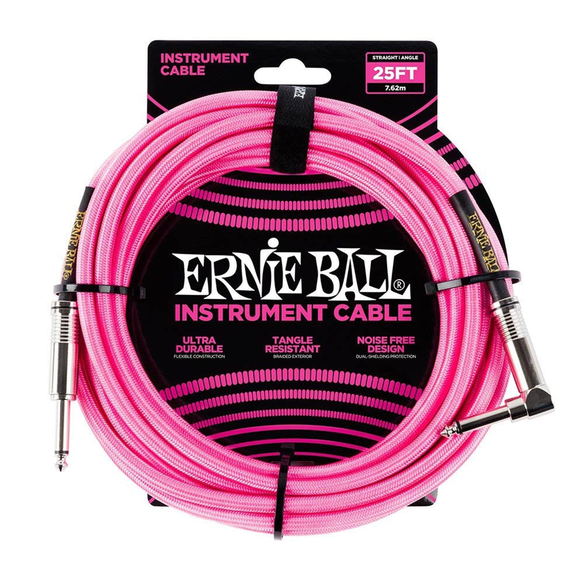 Ernie Ball 25' Straight/Angle Braided Neon Pink Cable Accessories / Cables