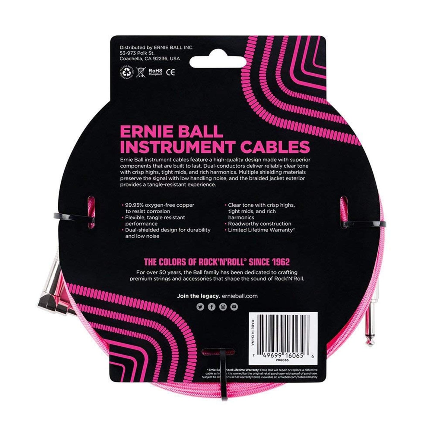 Ernie Ball 25' Straight/Angle Braided Neon Pink Cable Accessories / Cables