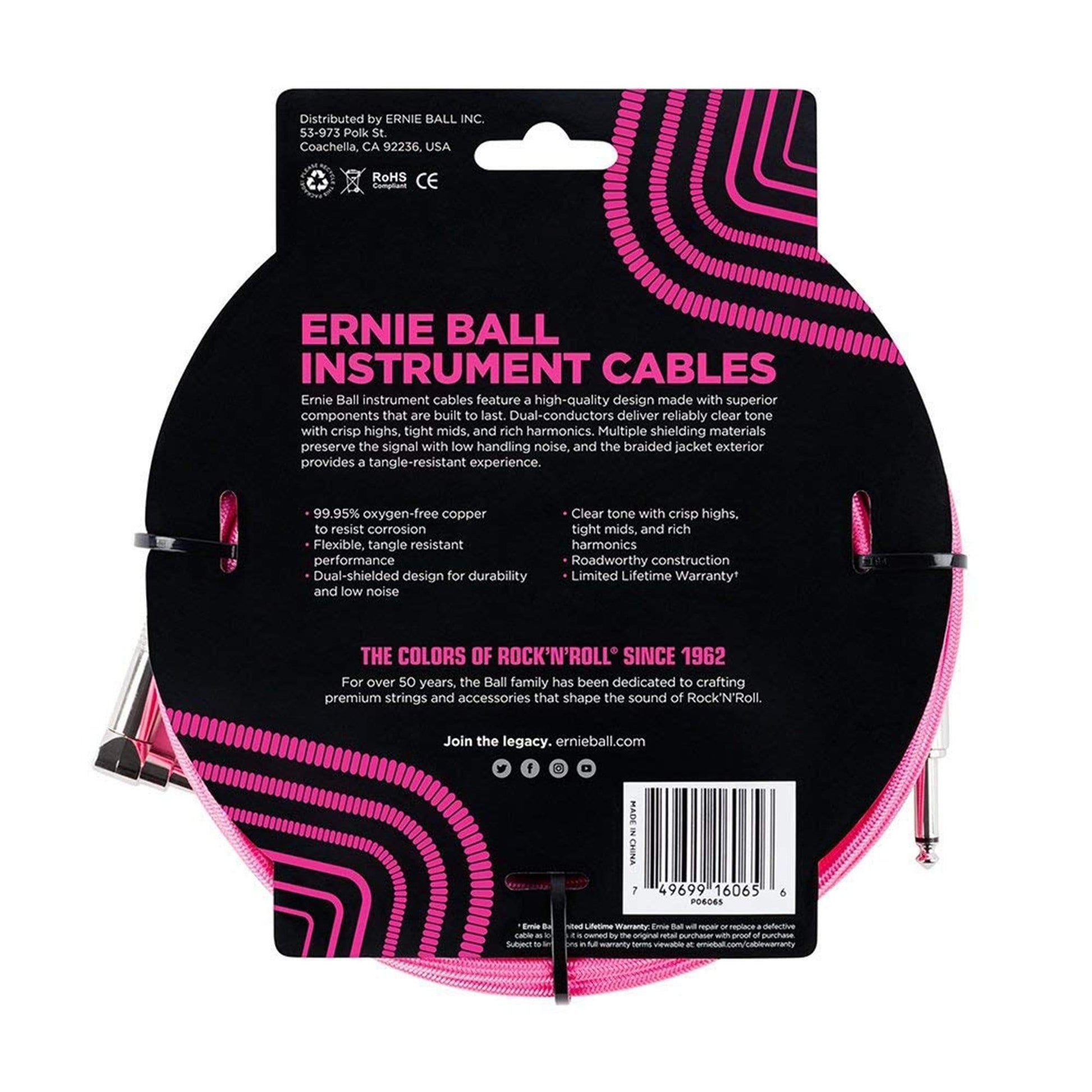 Ernie Ball 25' Straight/Angle Braided Neon Pink Cable Accessories / Cables