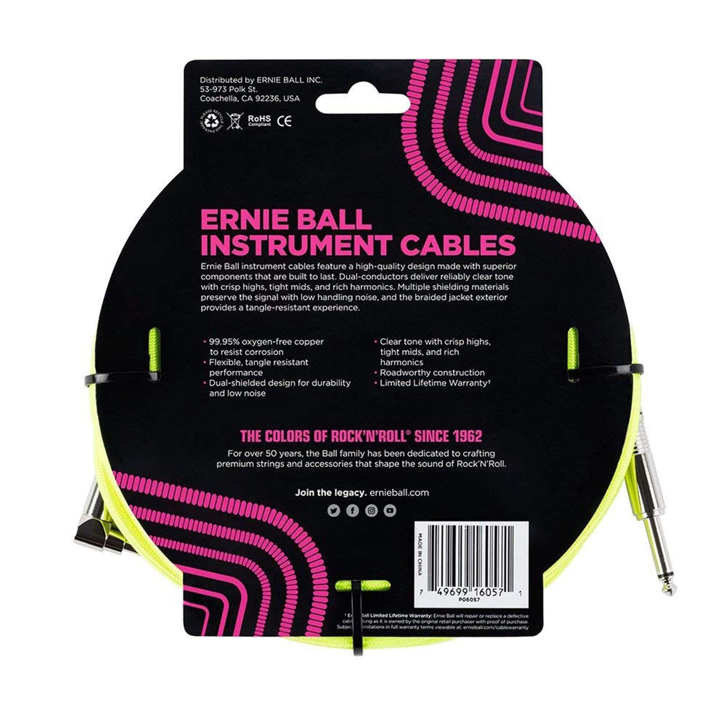 Ernie Ball 25' Straight/Angle Braided Neon Yellow Cable Accessories / Cables
