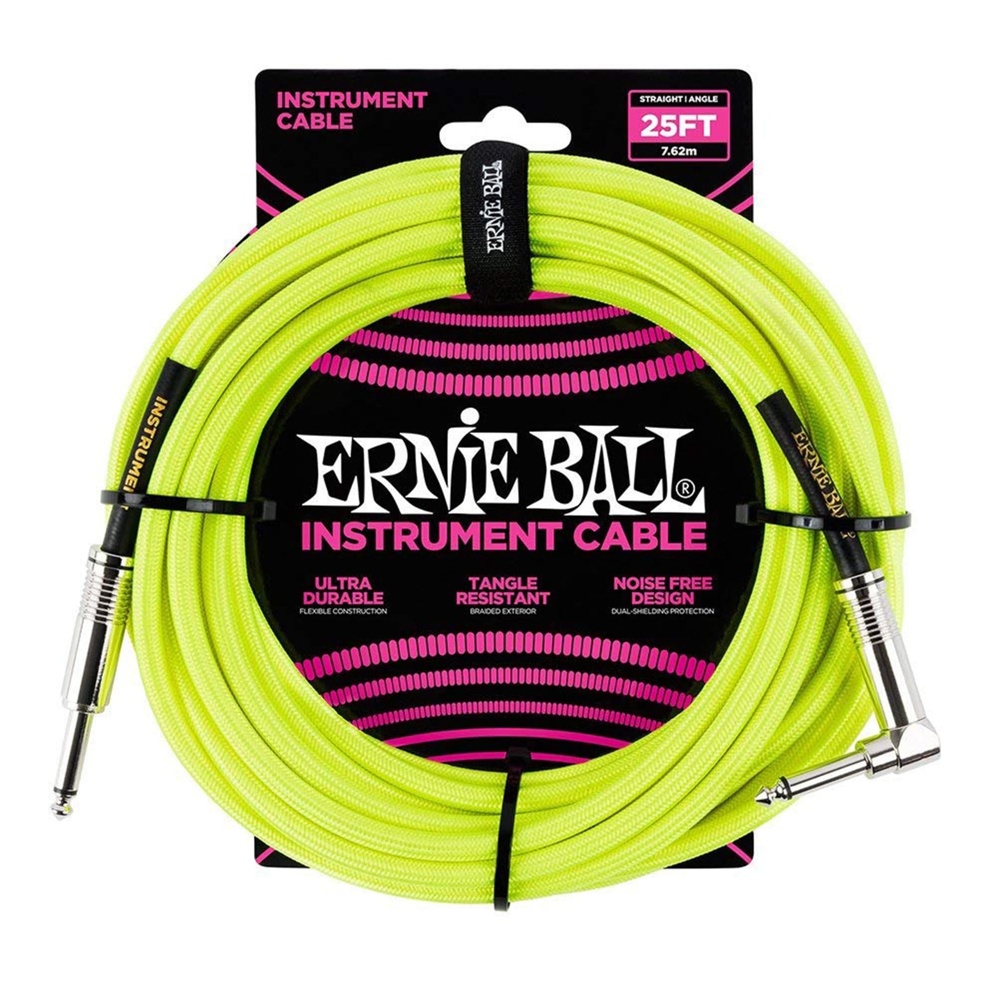 Ernie Ball 25' Straight/Angle Braided Neon Yellow Cable Accessories / Cables