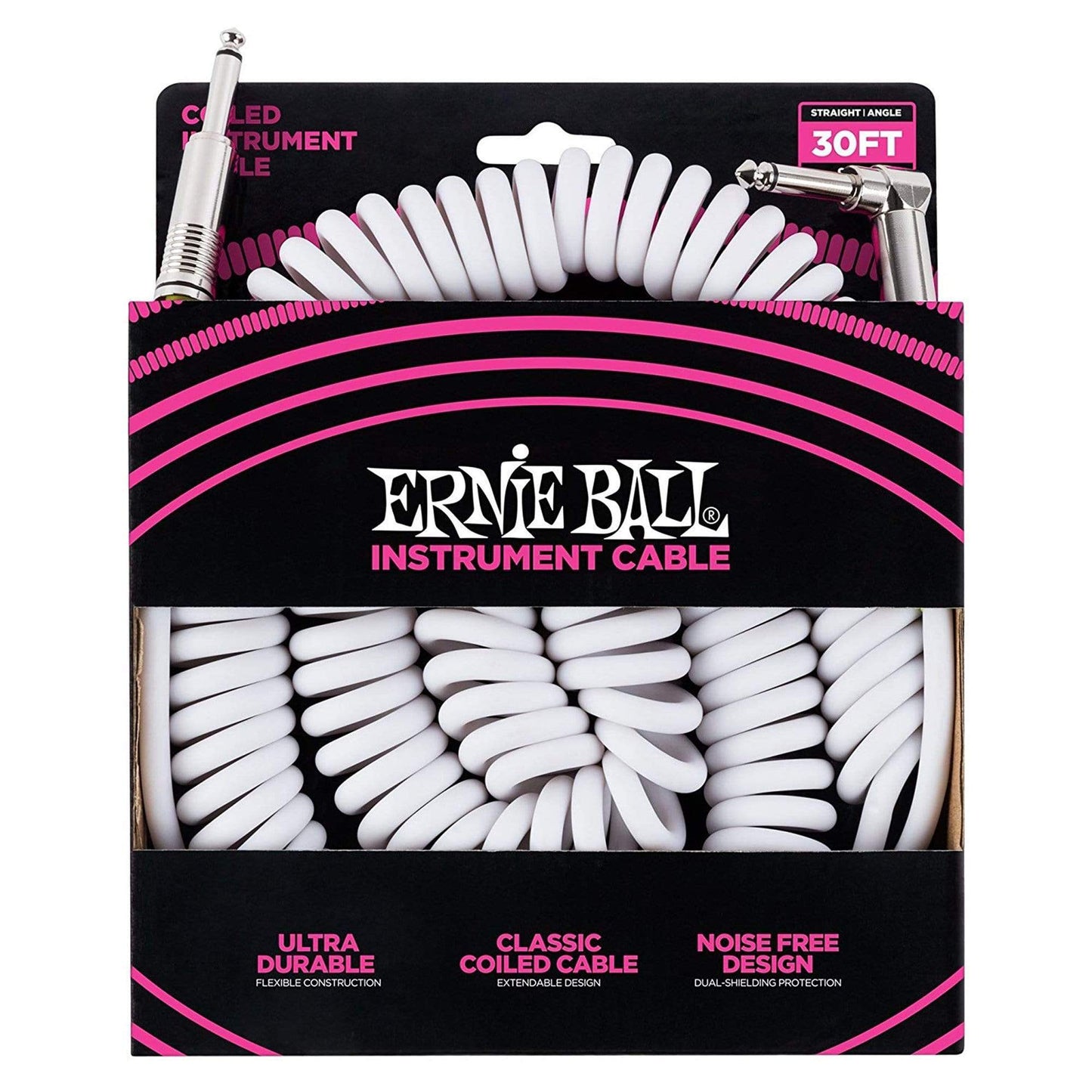 Ernie Ball 30' Coiled Instrument Cable Angle-Straight White Accessories / Cables