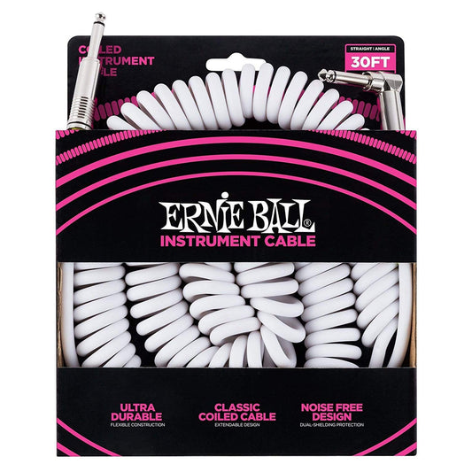 Ernie Ball 30' Coiled Instrument Cable Angle-Straight White Accessories / Cables