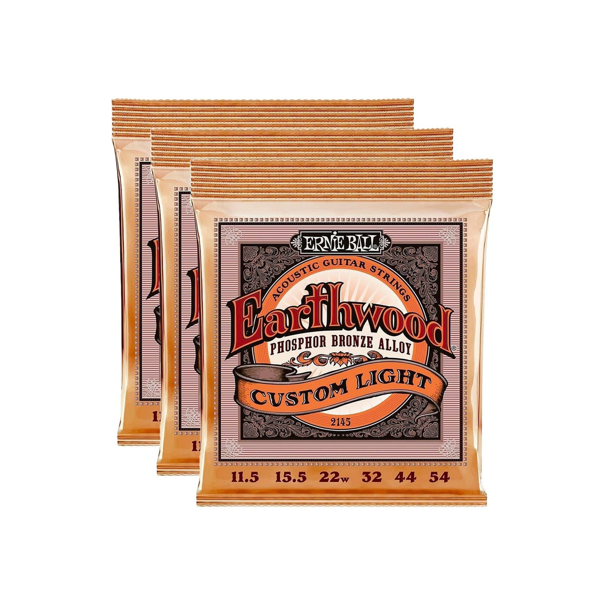 Ernie Ball Earthwood Custom Light Acoustic Strings Phosphor Bronze 11.5-54 3 Pack Bundle Accessories / Strings / Guitar Strings