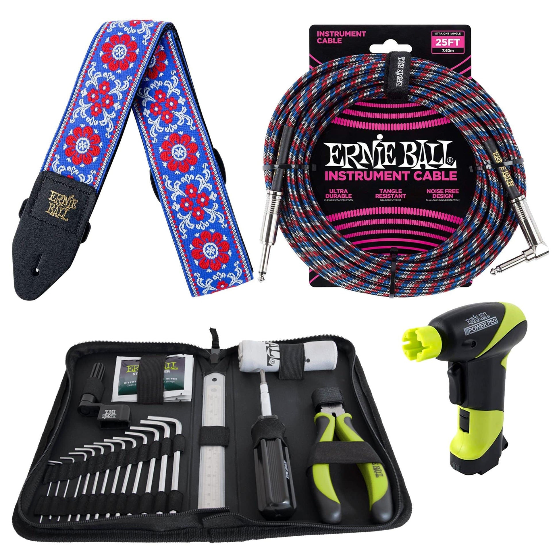 Ernie Ball 4114 Musician's Tool Kit, Power Peg, Jacquard Strap and Braided Cable Bundle #20 Accessories / Tools