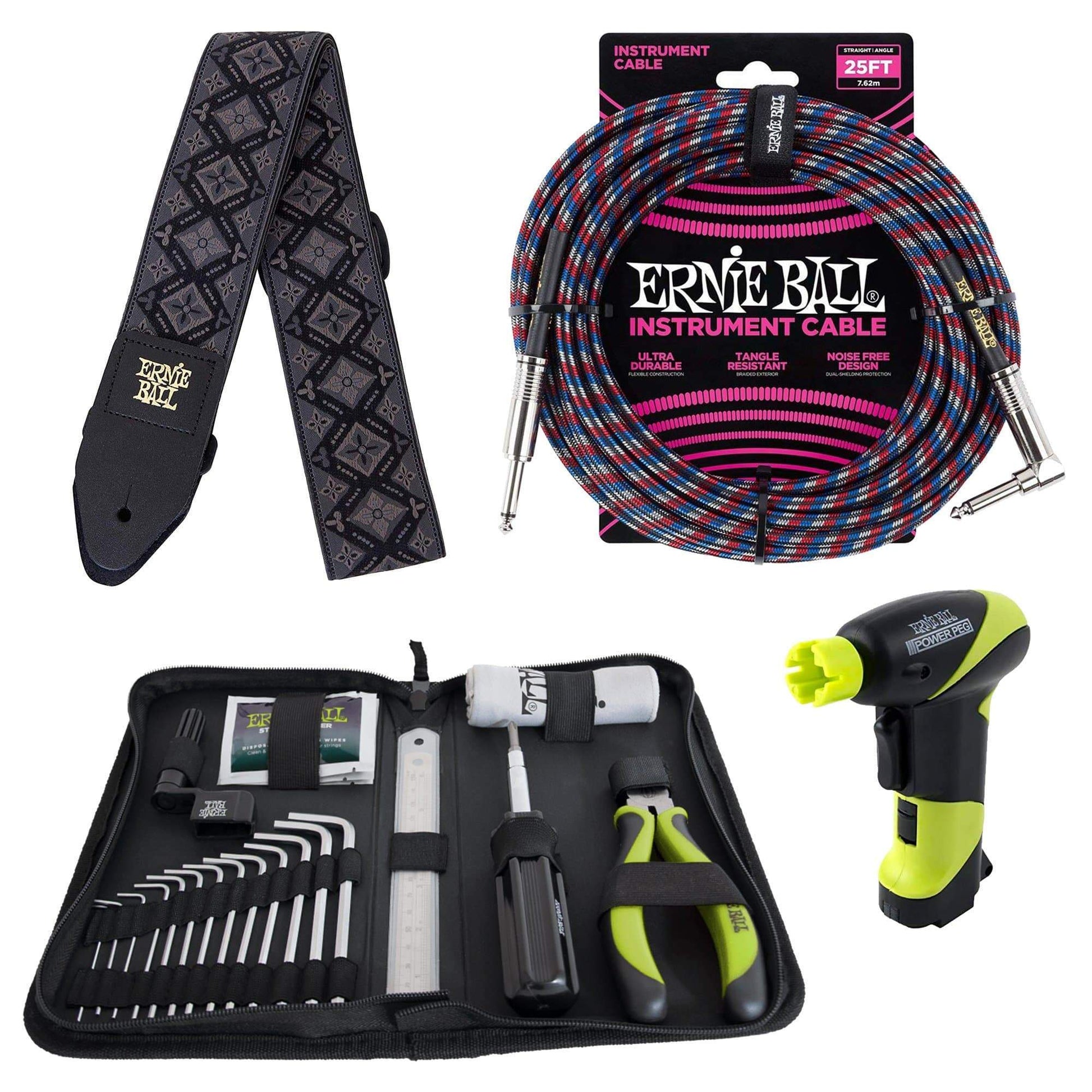Ernie Ball 4114 Musician's Tool Kit, Power Peg, Jacquard Strap and Braided Cable Bundle #4 Accessories / Tools