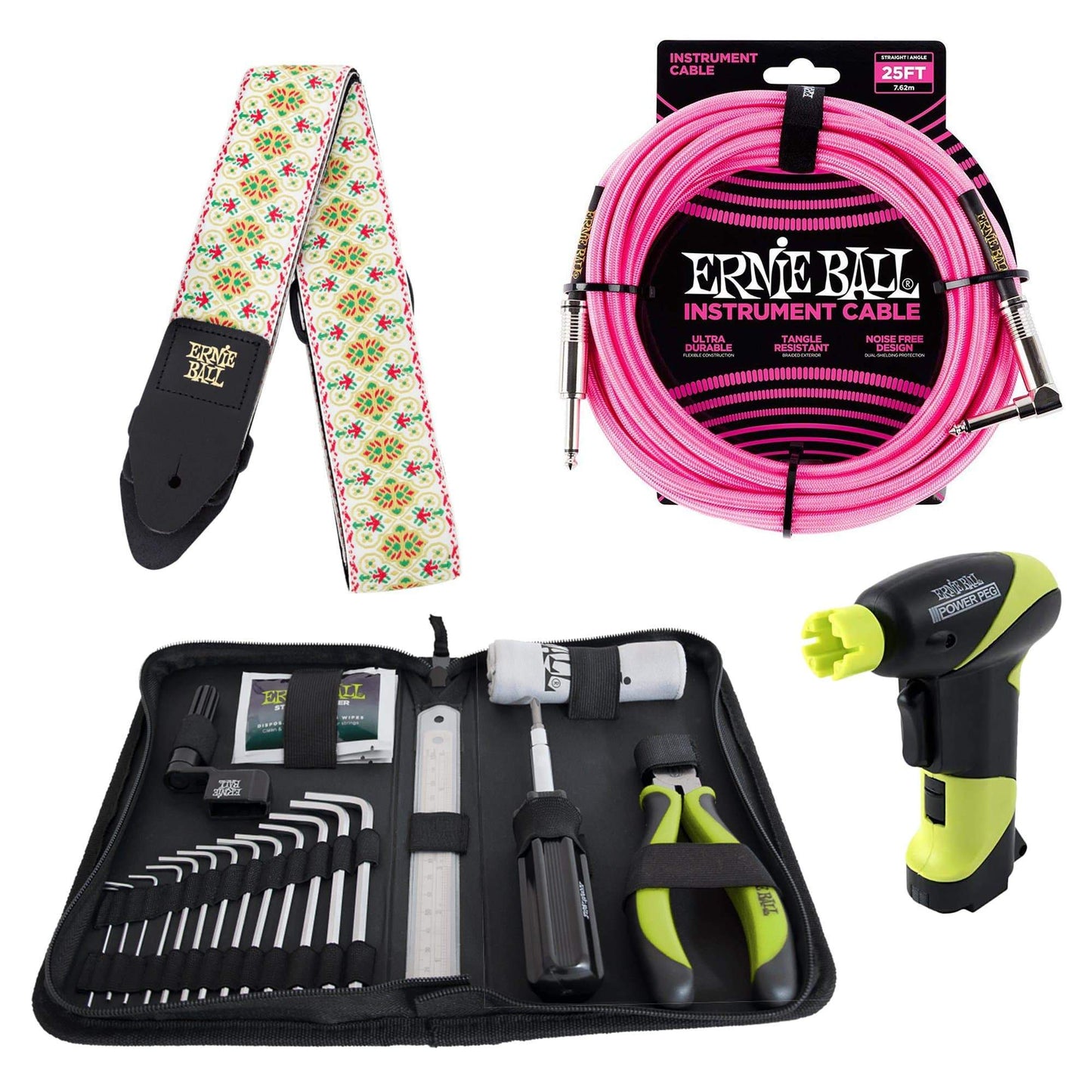 Ernie Ball 4114 Musician's Tool Kit, Power Peg, Jacquard Strap and Braided Cable Bundle #9 Accessories / Tools