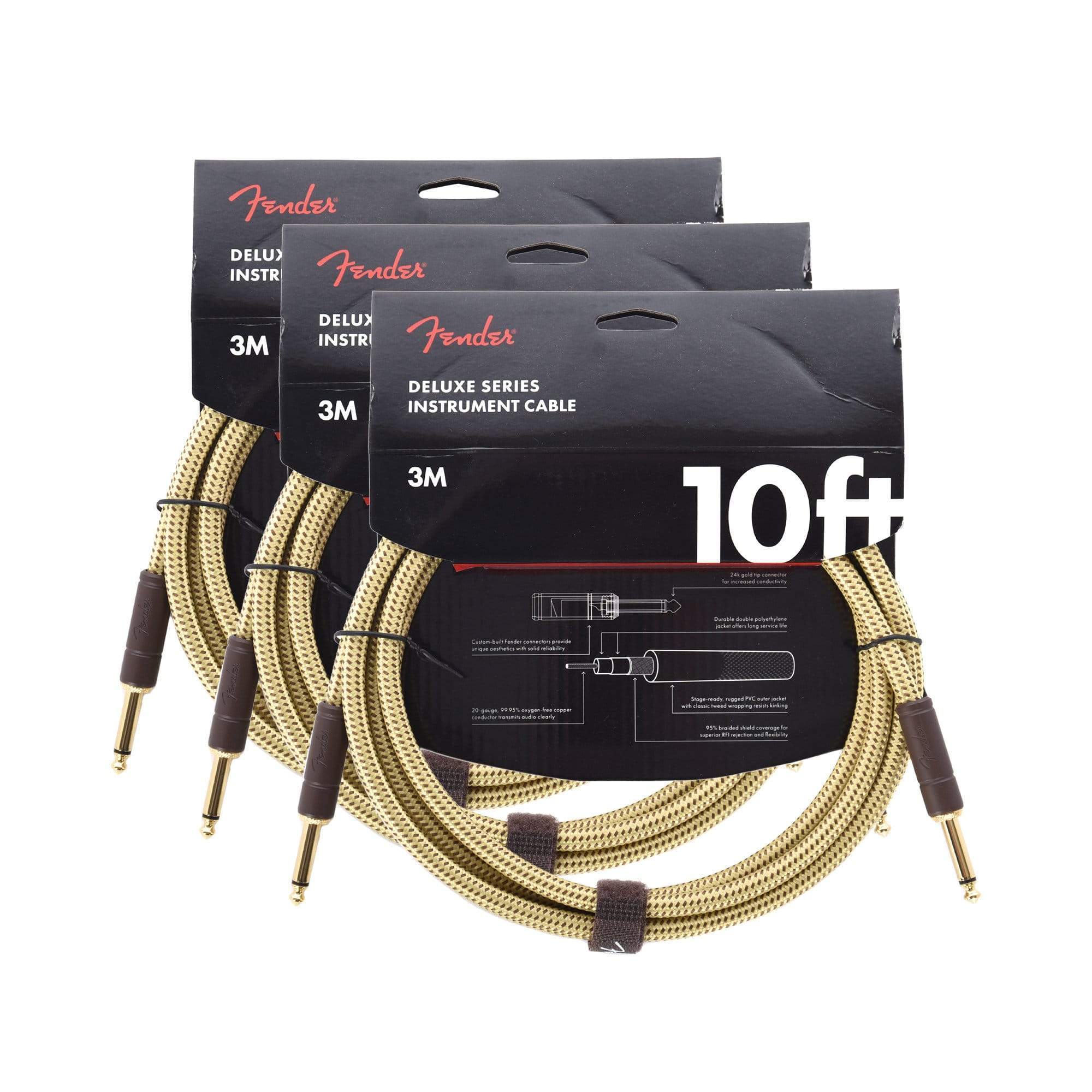 Fender Deluxe 10' Instrument Cable Tweed S/S 3 Pack Bundle Accessories / Cables