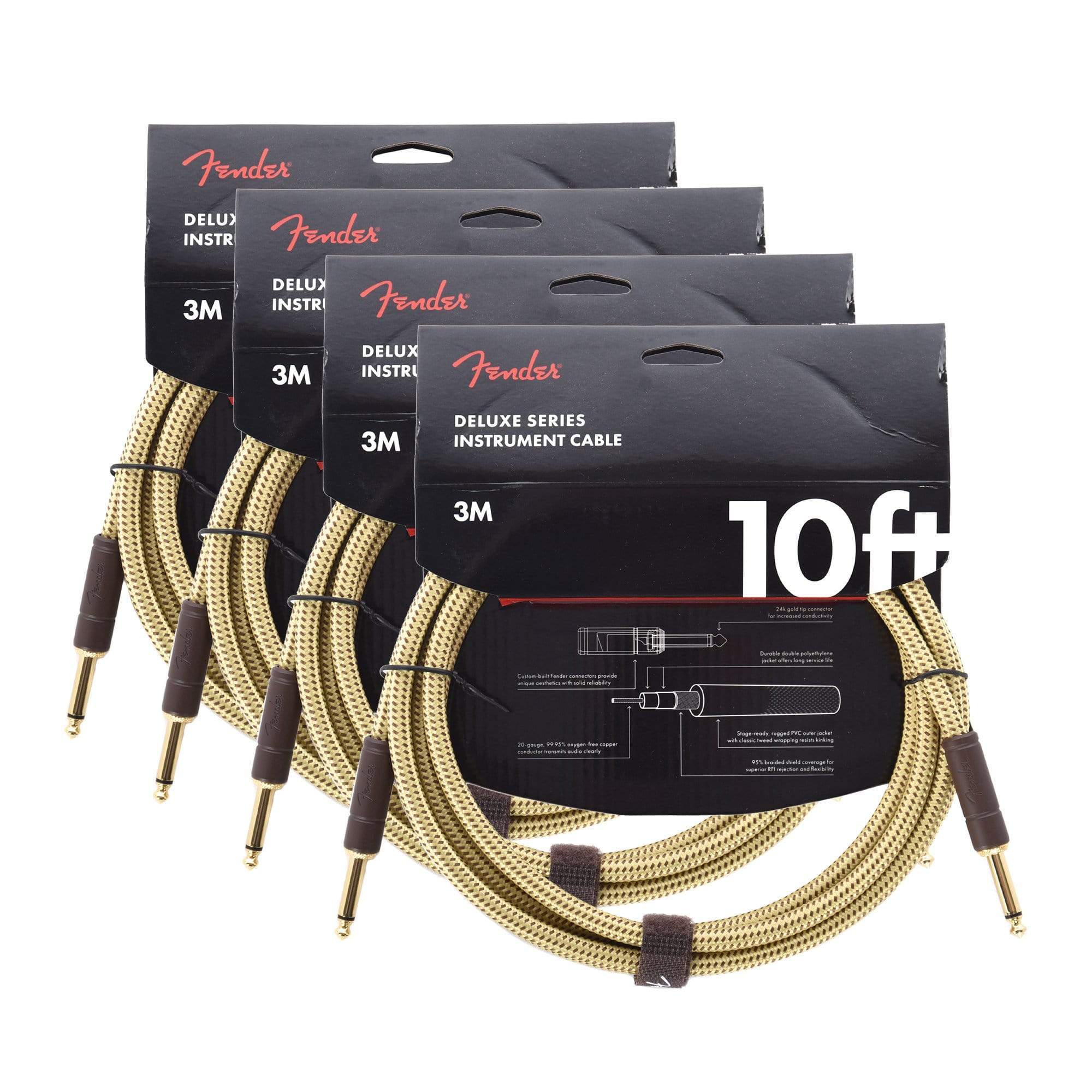 Fender Deluxe 10' Instrument Cable Tweed S/S 4 Pack Bundle Accessories / Cables