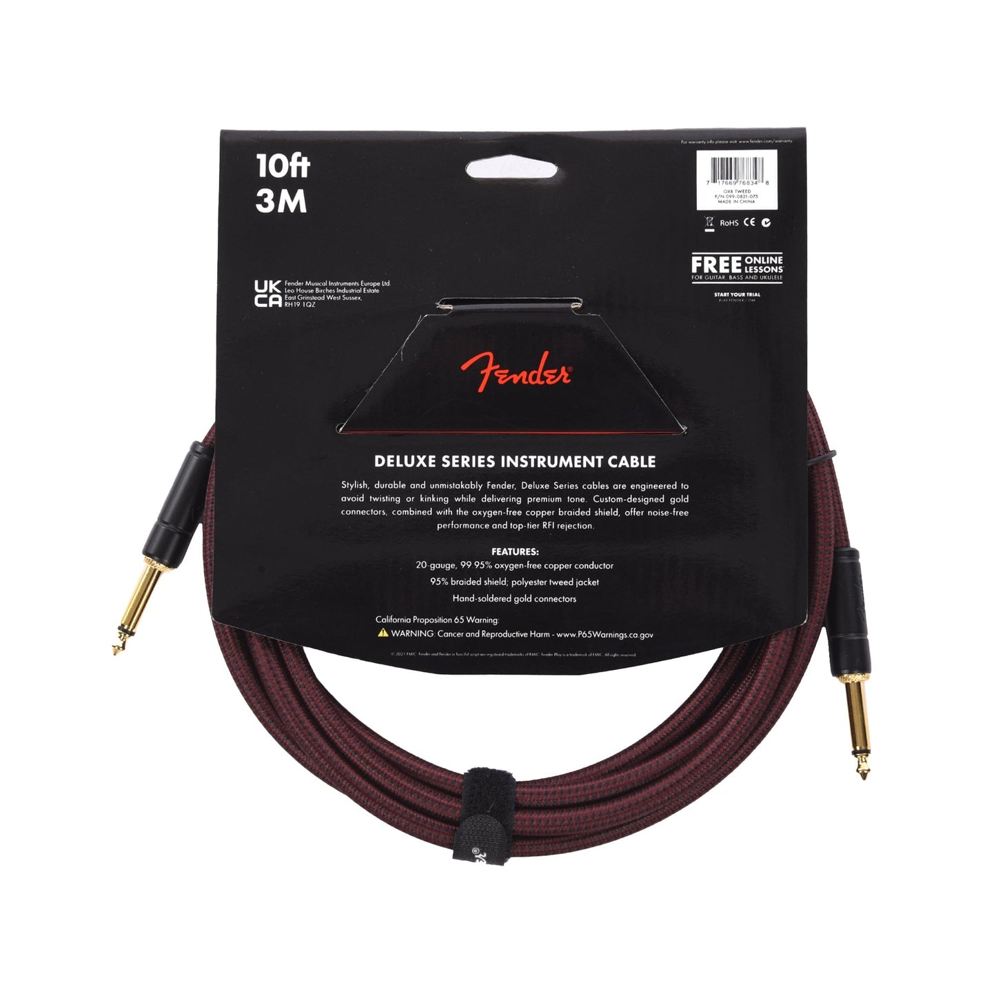 Fender Deluxe 10' Tweed Instrument Cable Oxblood Accessories / Cables