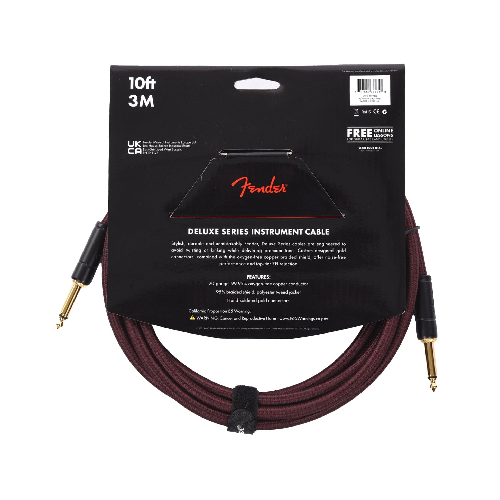 Fender Deluxe 10' Tweed Instrument Cable Oxblood Accessories / Cables