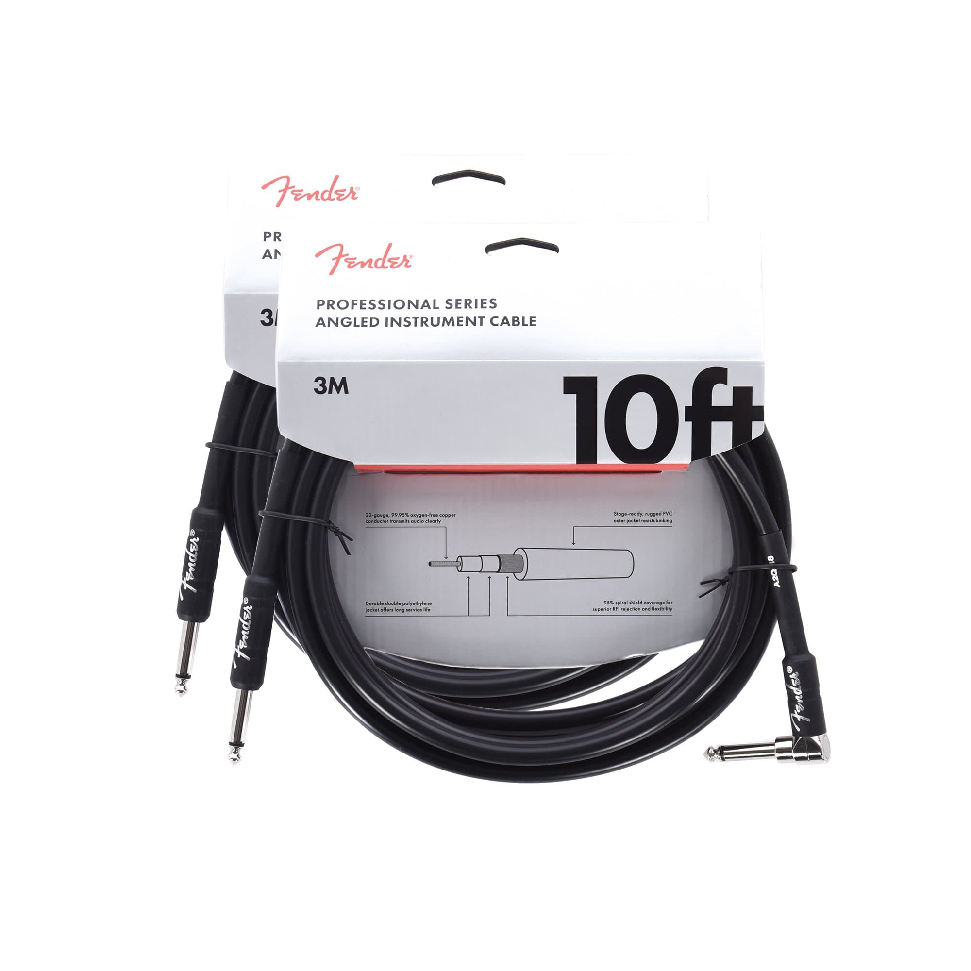 Fender Professional 10' Instrument Cable Black A/S 2 Pack Bundle Accessories / Cables