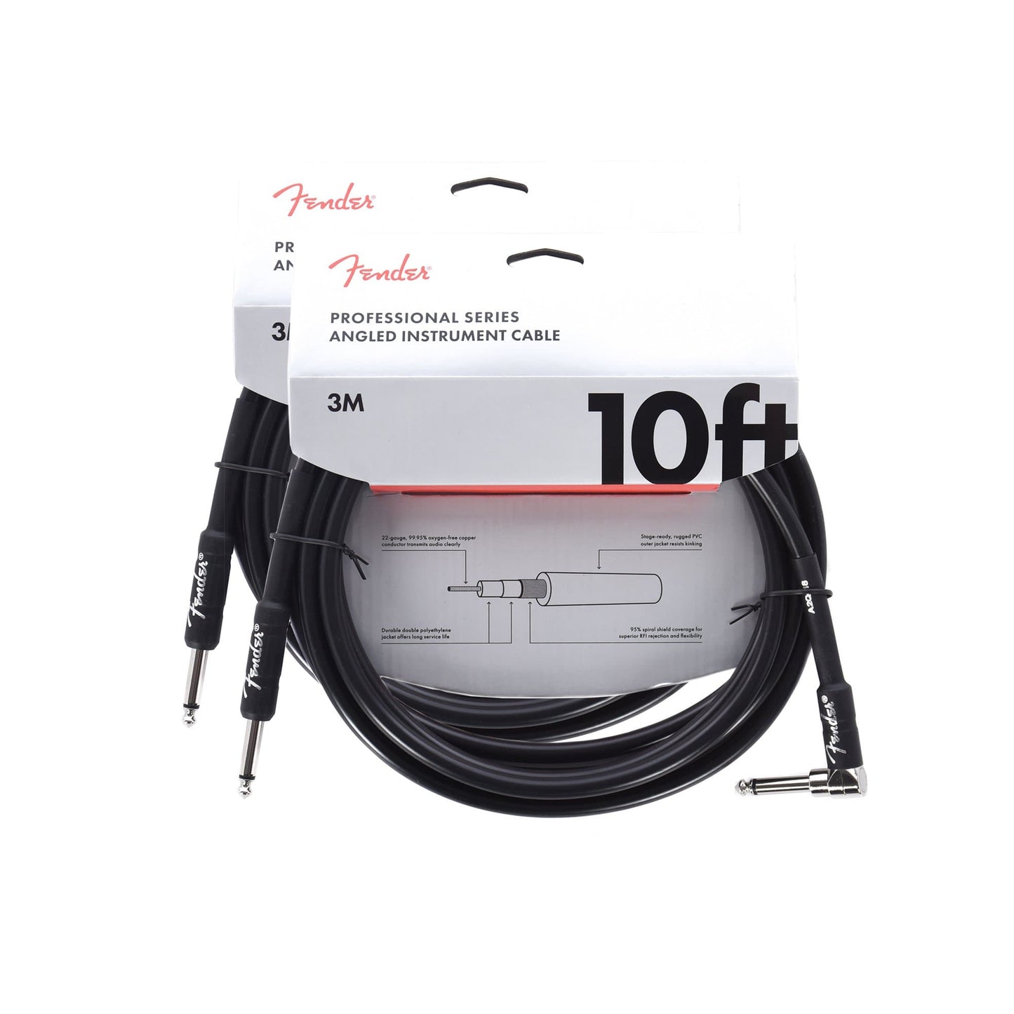 Fender Professional 10' Instrument Cable Black A/S 2 Pack Bundle Accessories / Cables