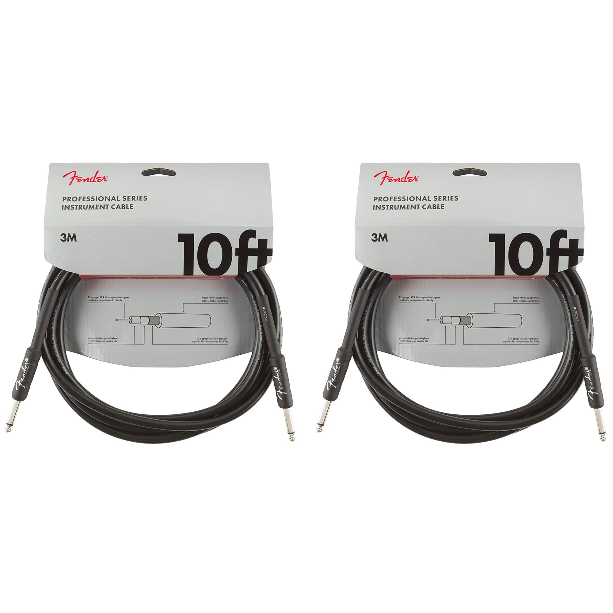 Fender Professional 10' Instrument Cable Black S/S 2 Pack Bundle Accessories / Cables
